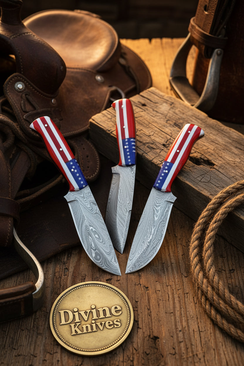 Damascus Skinner Knife Set with American Flag Handles (Set of 3)