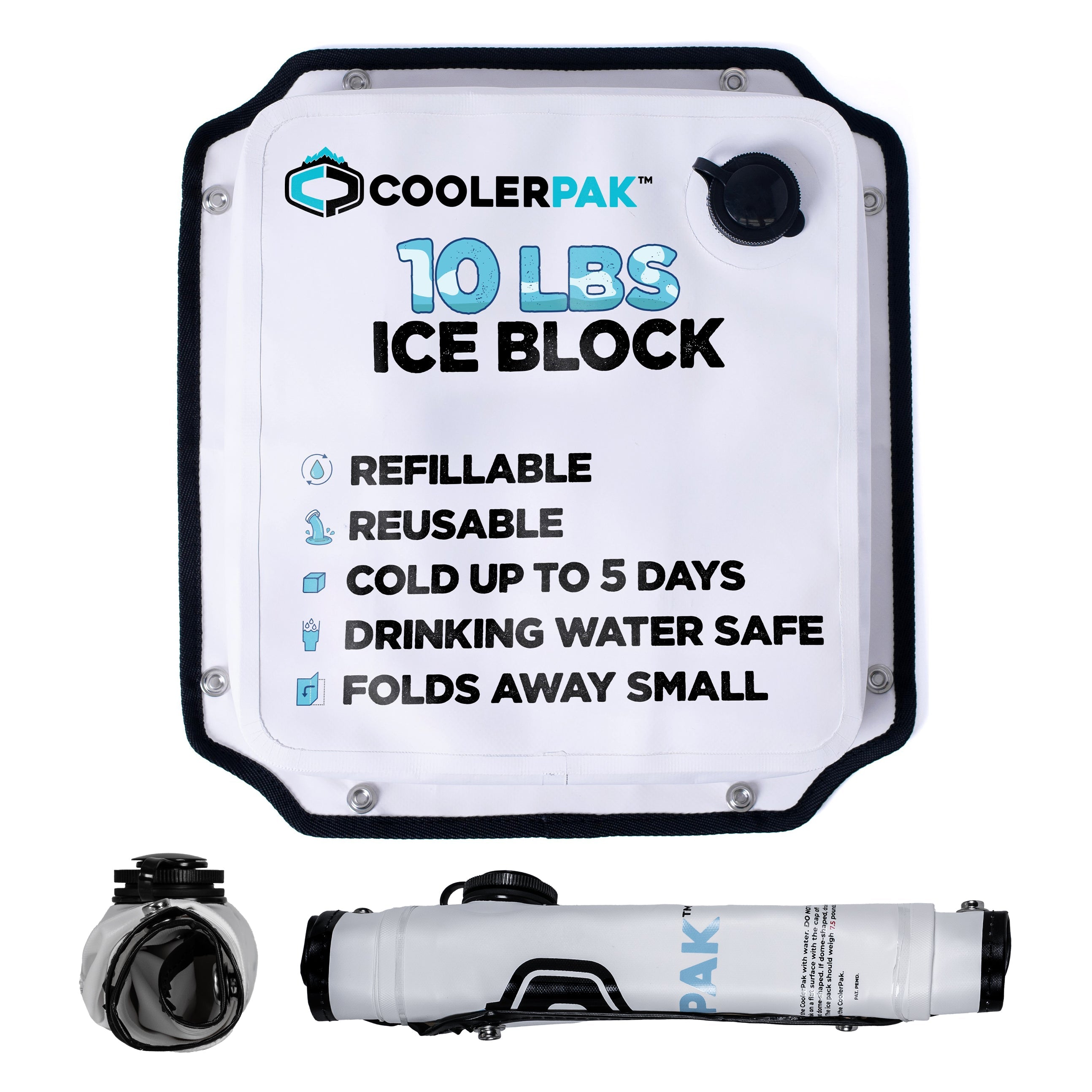 CoolerPak Ice Pack -Refillable Reusable – Cold for Days – Non-Toxic, Leakproof, Potable Drinking Water Safe – Built Tough, Rolls Up for Storage