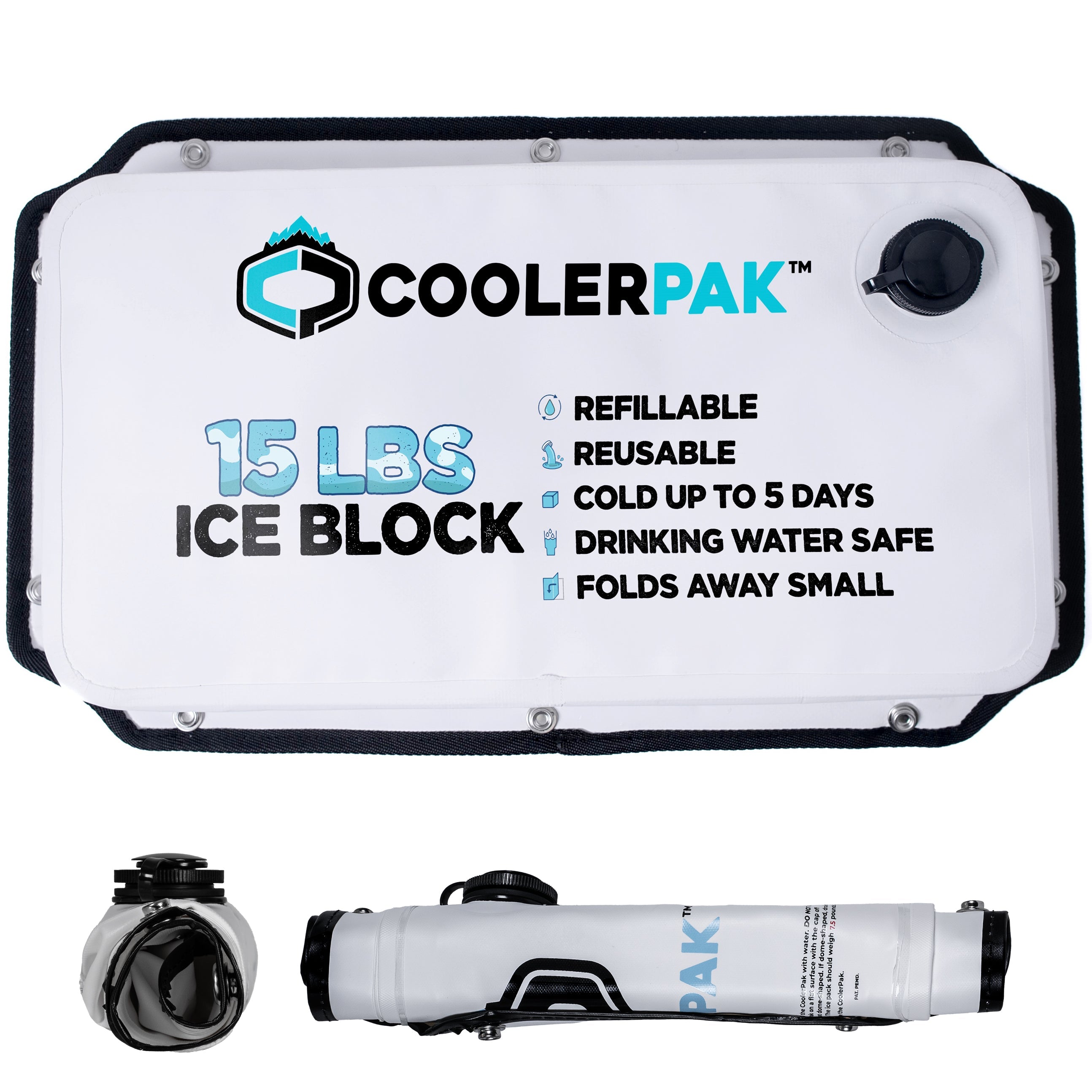 CoolerPak Ice Pack -Refillable Reusable – Cold for Days – Non-Toxic, Leakproof, Potable Drinking Water Safe – Built Tough, Rolls Up for Storage