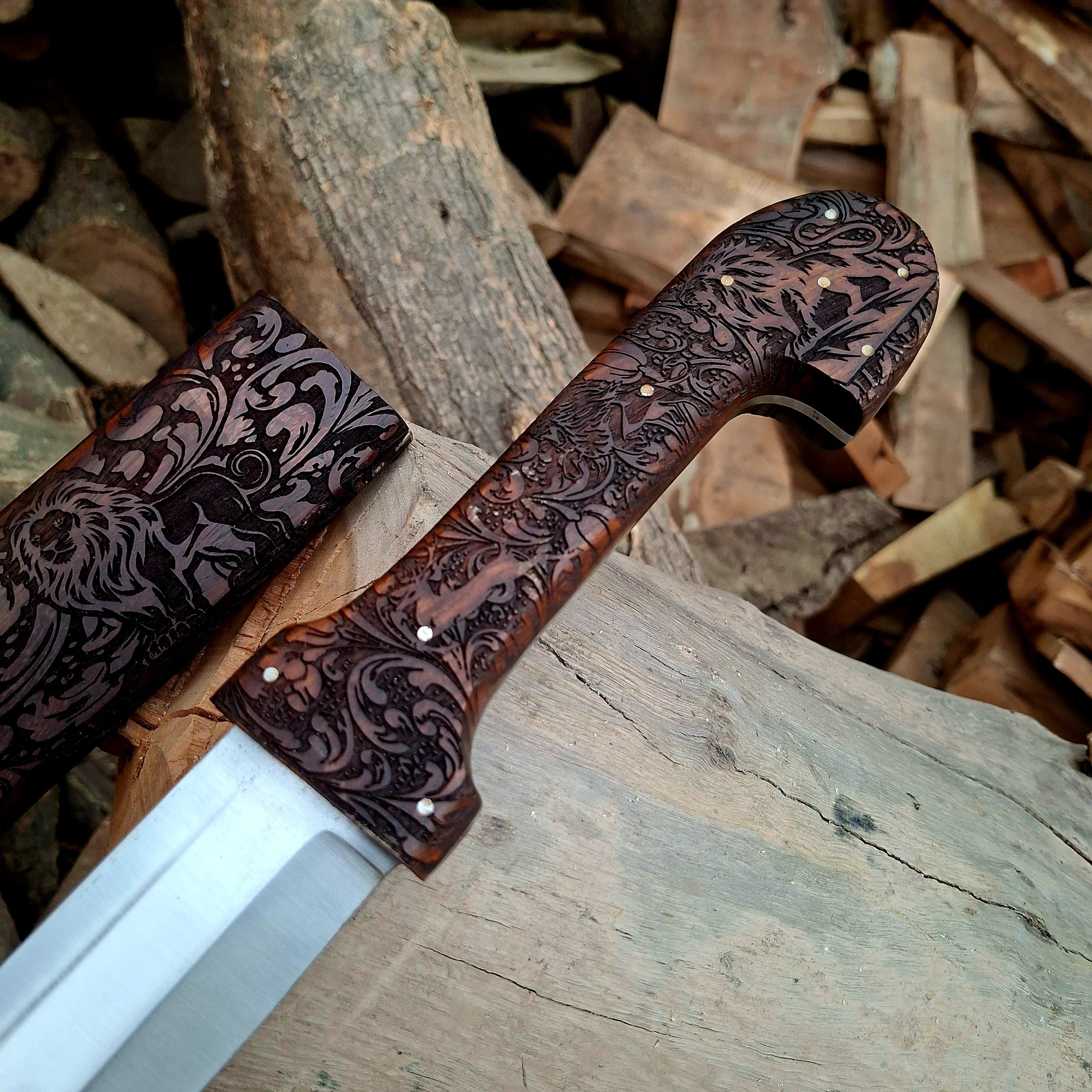 Bone Handle Damascus Knife with Handcrafted Tooled Sheath
