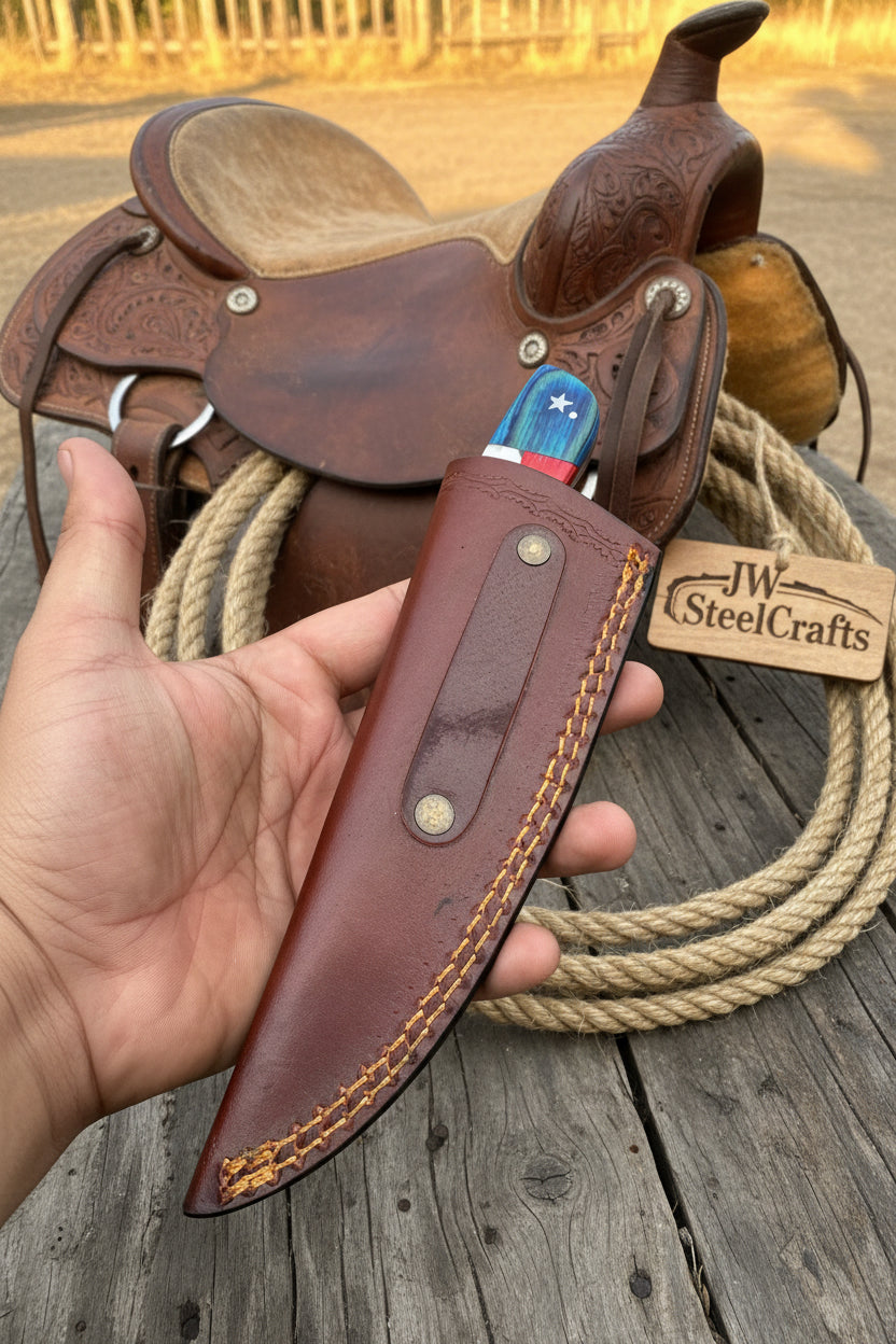 Damascus Camping Knife Fixed Blade USA Flag Resin Handle Outdoor Utility Knife with Sheath