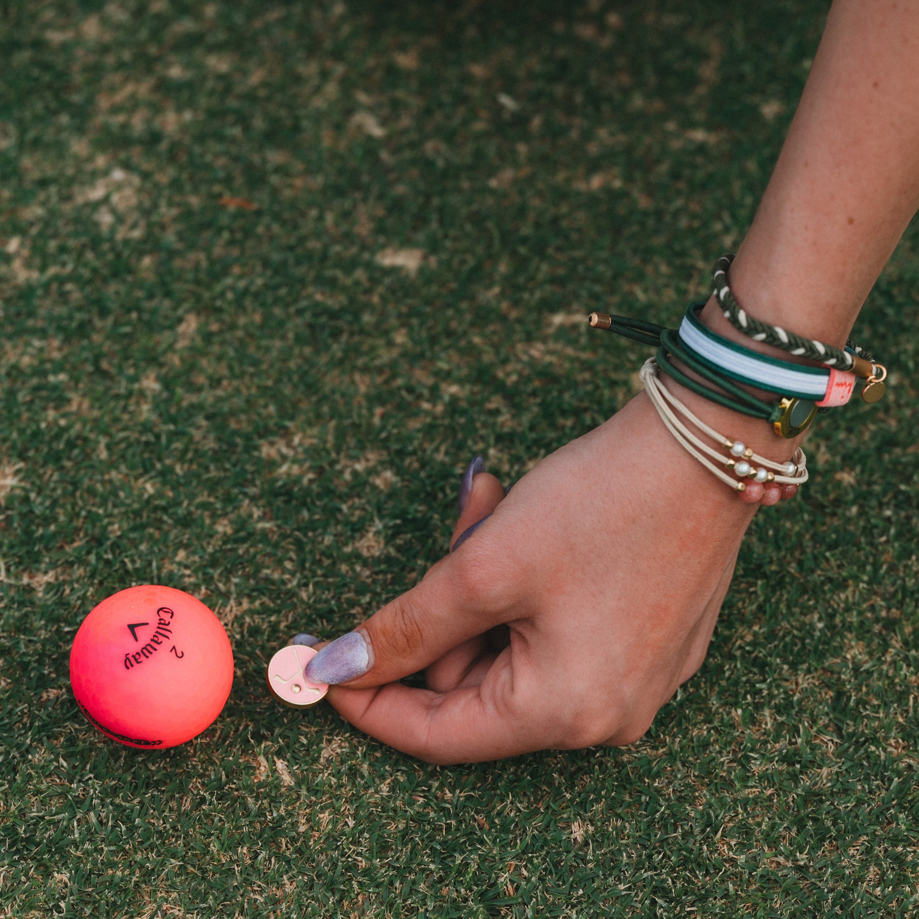 "Tee Time" Green & Pink Hair Tie Bracelets with Removable Ball Marker