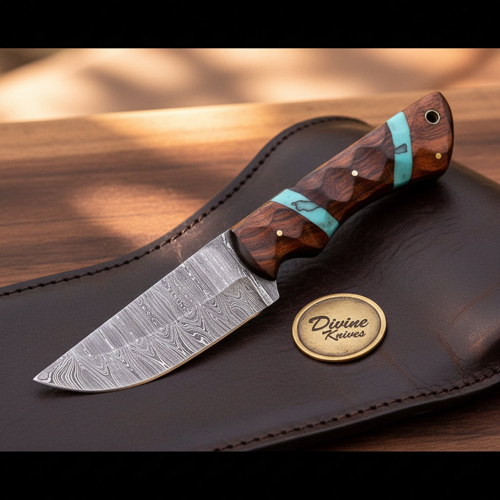 Turquoise Wood Hunting Skinner with Damascus Blade