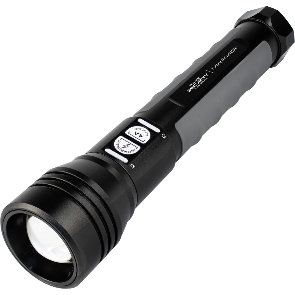 Police Security Twin Power 2000 Lumen Flashlight with Rechargeable Battery and Adjustable Focus