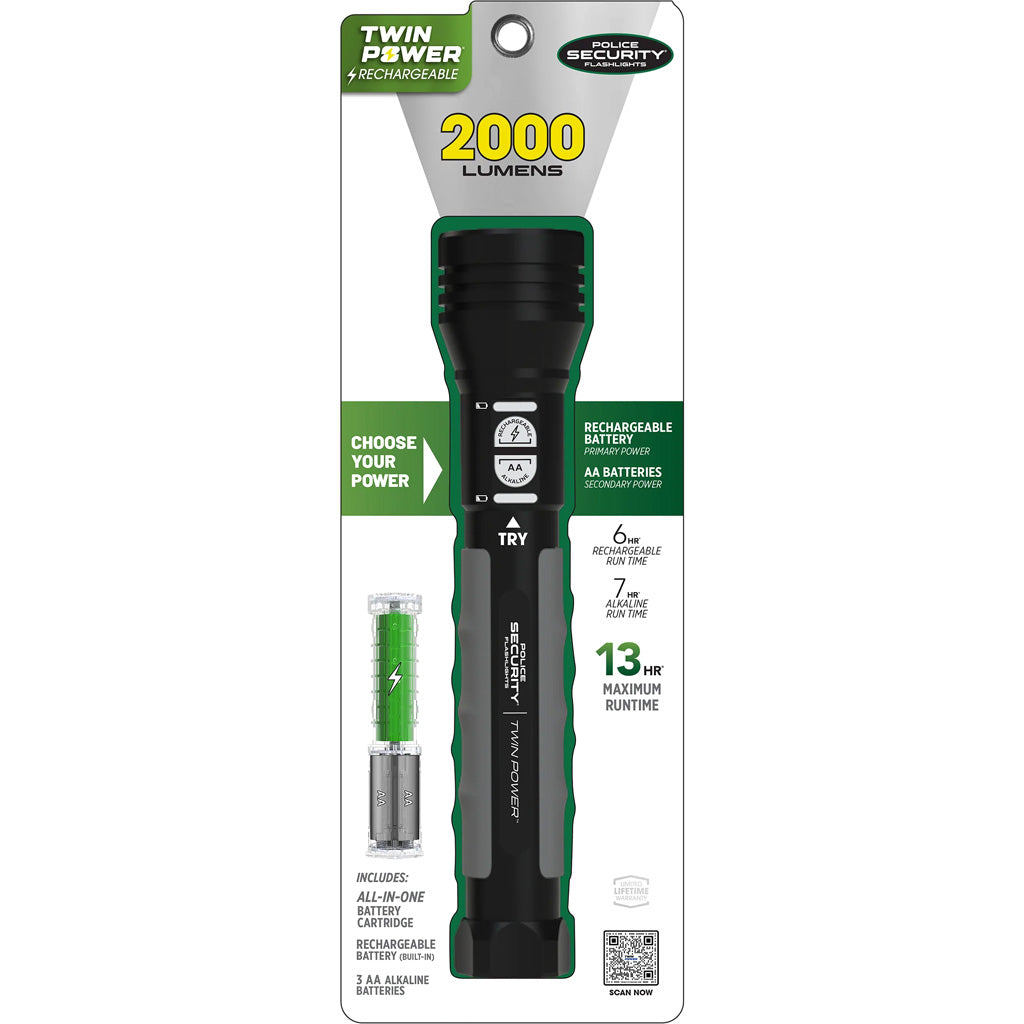 Police Security Twin Power 2000 Lumen Flashlight with Rechargeable Battery and Adjustable Focus