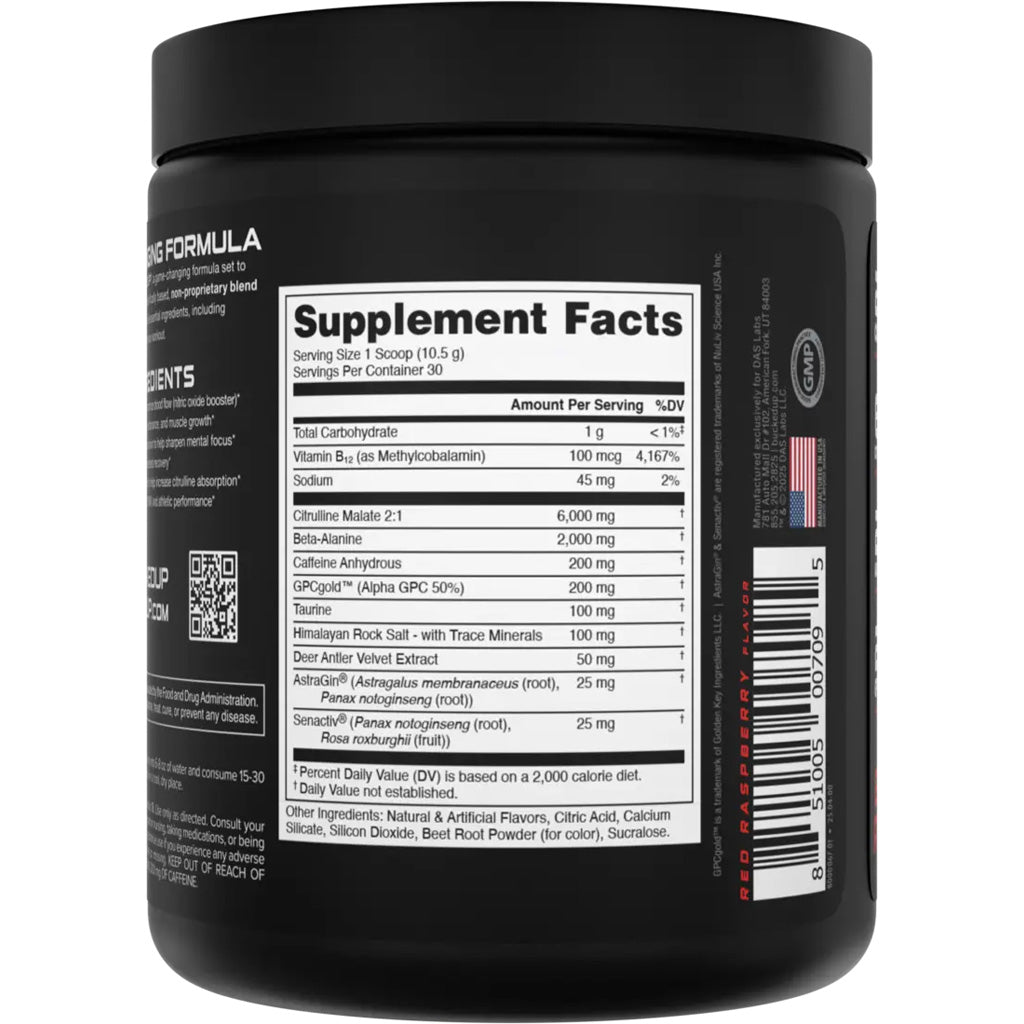 Bucked Up Pre-Workout Blood Raz * 30 Serving Tub with 200mg Caffeine for Focus & Strength