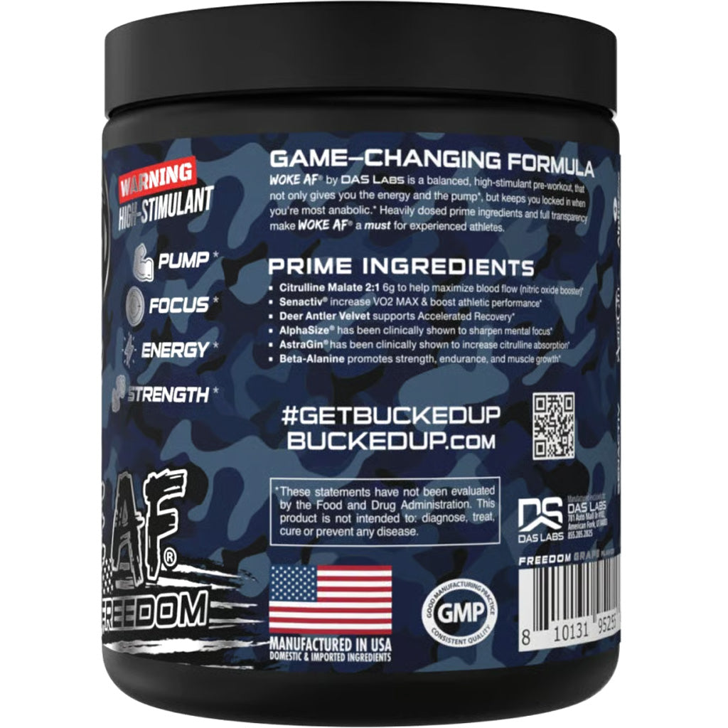 Bucked Up Woke AF Pre-Workout Freedom Grape * 30 Serving Tub with Natural Ingredients and High Stimulant Formula