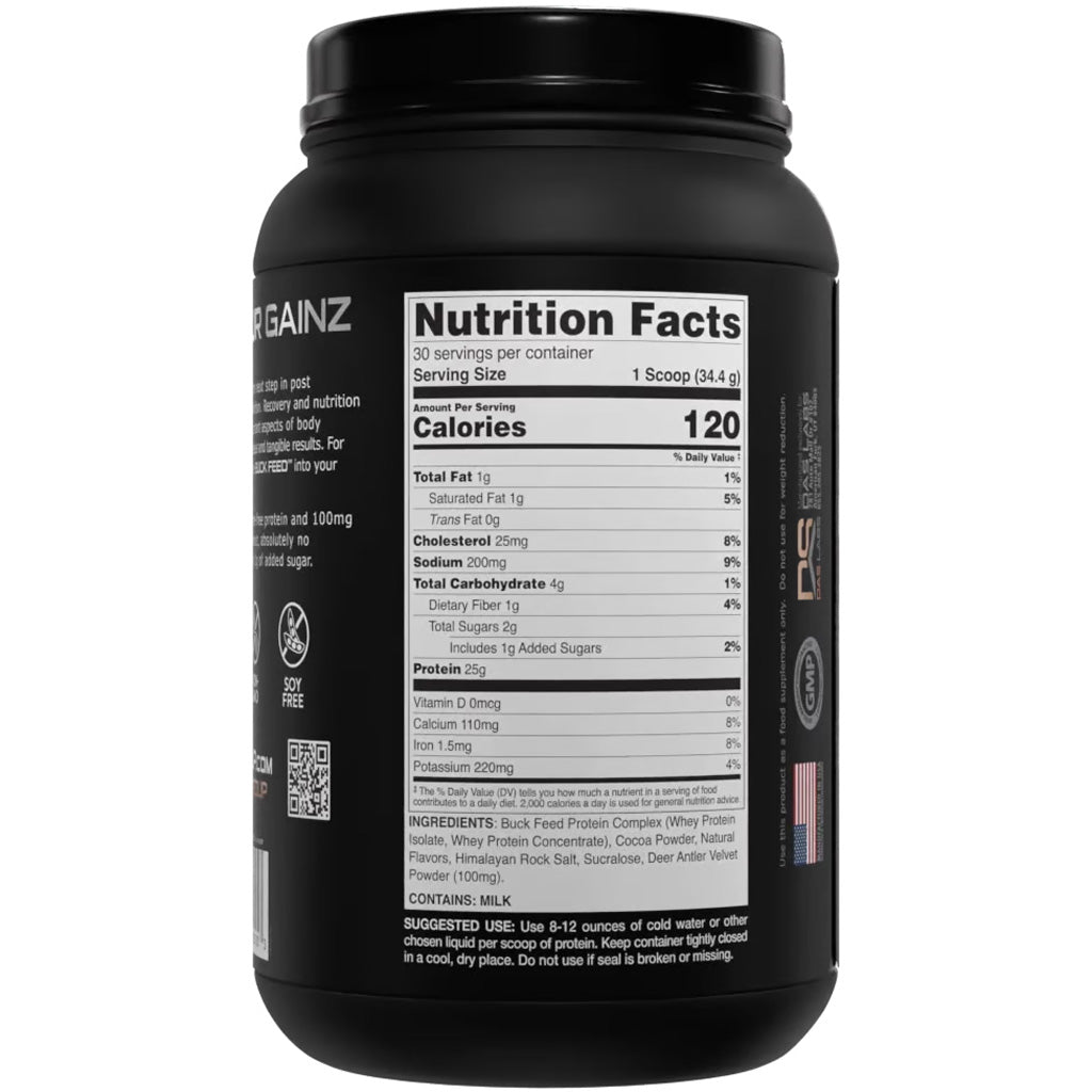 Bucked Up Buck Feed Protein Chocolate - 30 Serving Tub with Deer Antler Velvet & Whey Protein Isolate