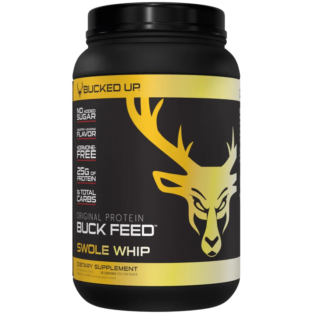 Bucked Up Buck Feed Protein Swole Whipe 30 Serving Tub * Hormone-Free Whey Protein with Deer Antler Velvet Powder