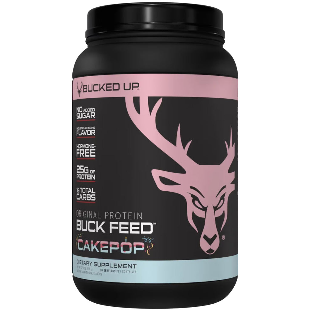 Bucked Up Buck Feed Protein Cake Pop 30 Serving Tub - High-Quality Whey Protein Supplement with Deer Antler Velvet Powder