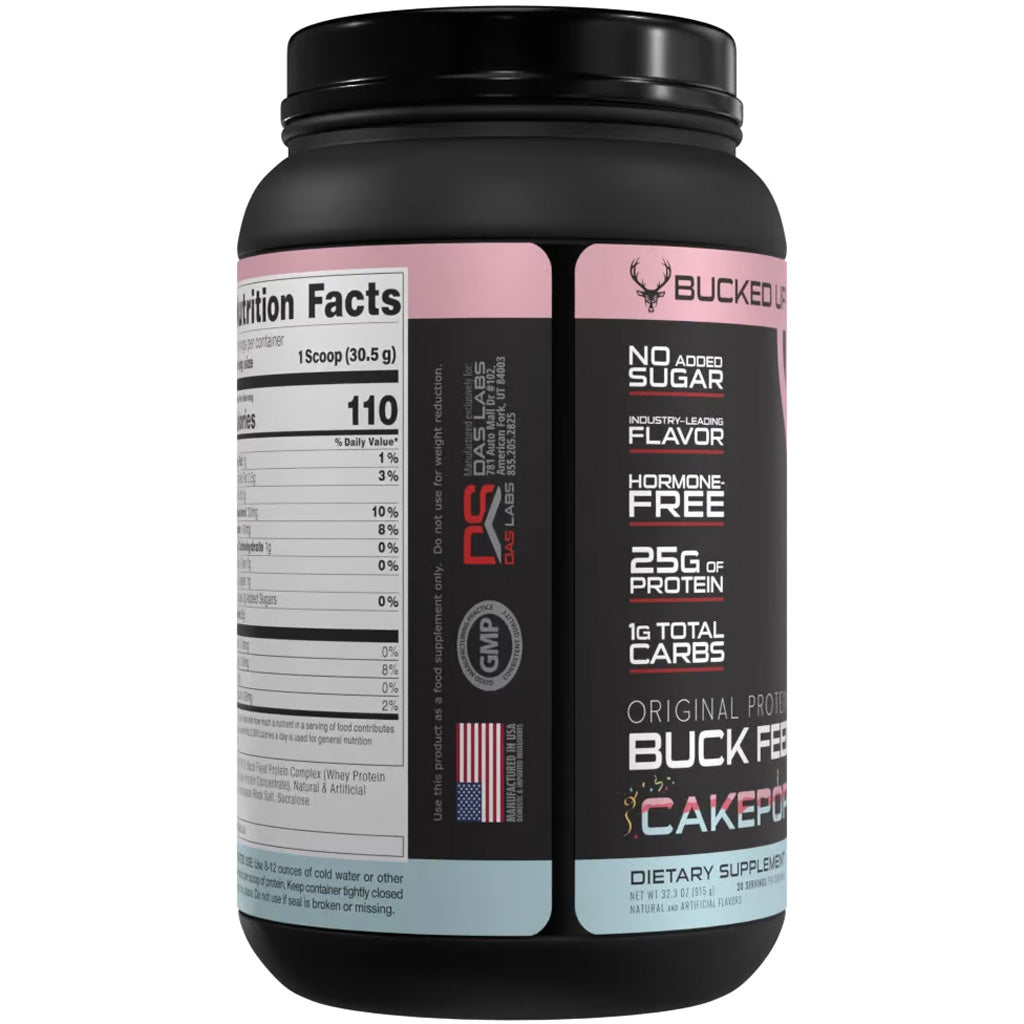 Bucked Up Buck Feed Protein Cake Pop 30 Serving Tub - High-Quality Whey Protein Supplement with Deer Antler Velvet Powder