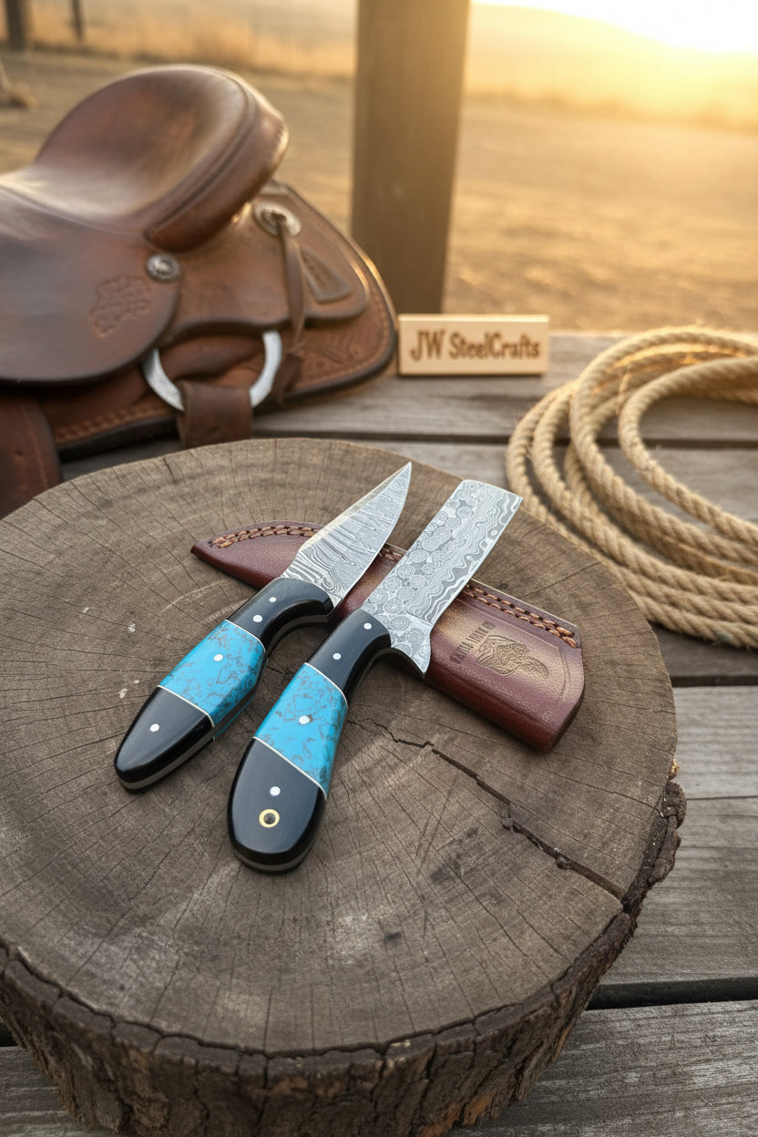 Handmade Damascus Skinner 7”–8” Knife Set Cowboy Ranch Blades Turquoise Handle with Sheath