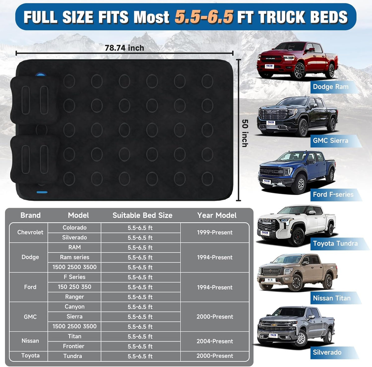 Umbrauto 5.5-6.5 ft Square Truck Bed Air Mattress with Wireless Rechargeable Pump Inflatable Full Size Pickup Air Mattress