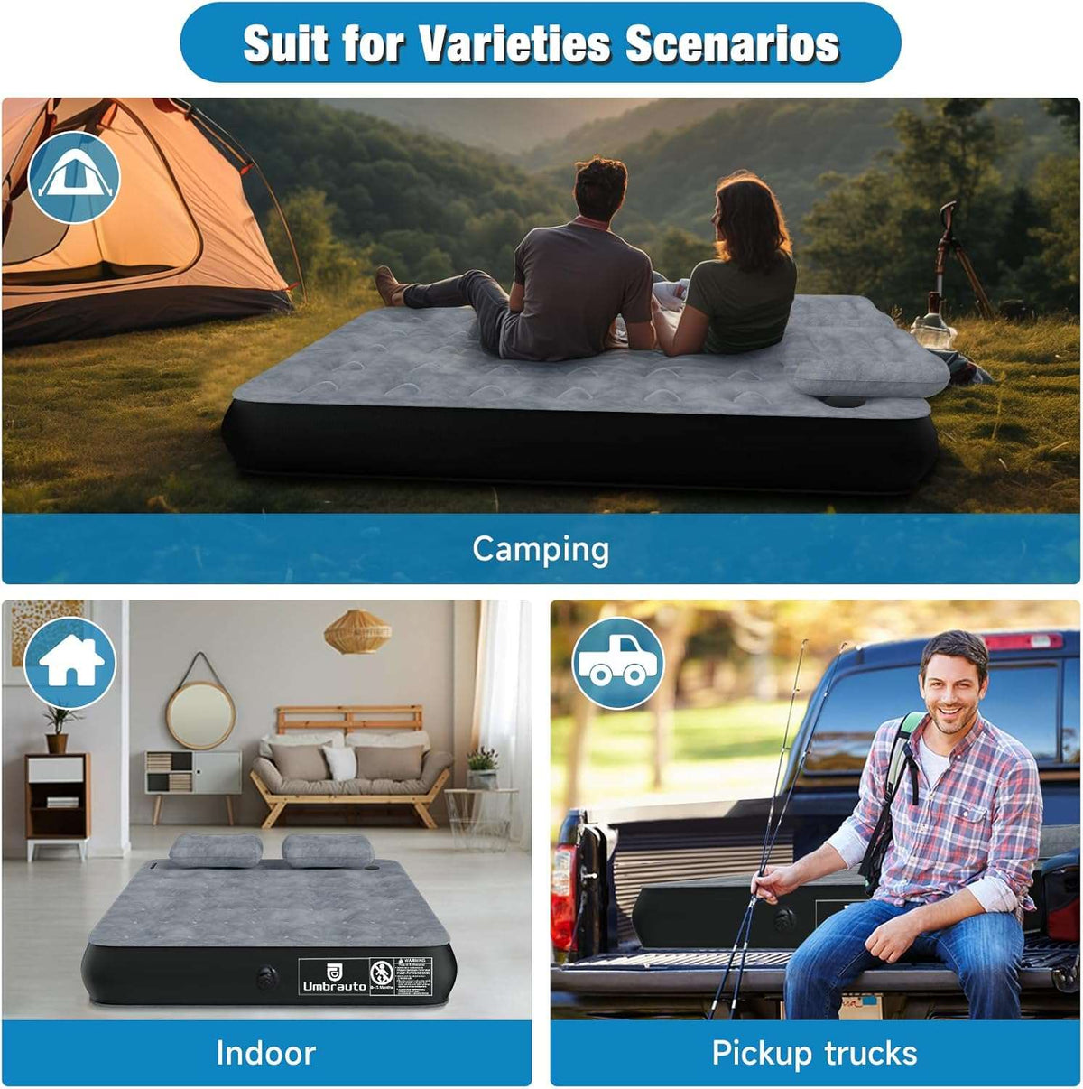 Umbrauto 5.5-6.5 ft Square Truck Bed Air Mattress with Wireless Rechargeable Pump Inflatable Full Size Pickup Air Mattress