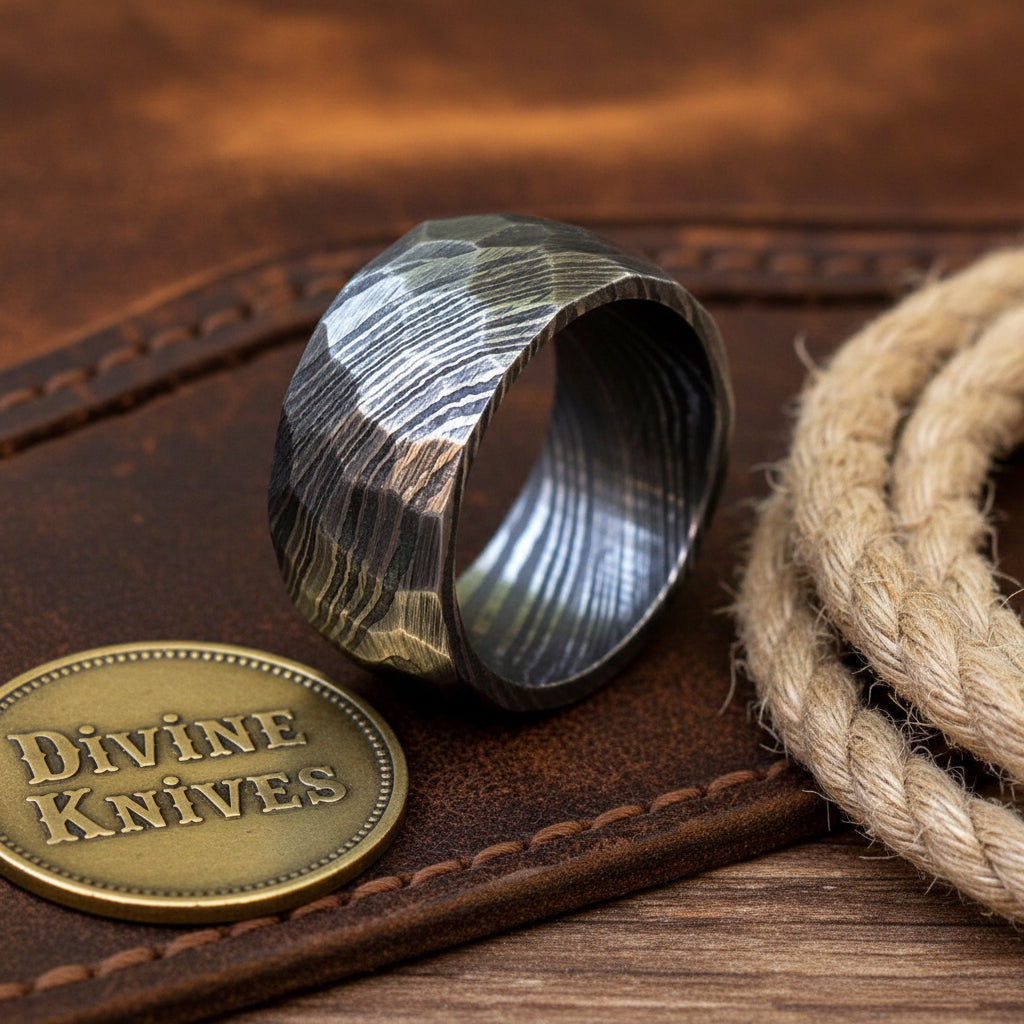 Rugged Hammered-Finish Damascus Ring for Men