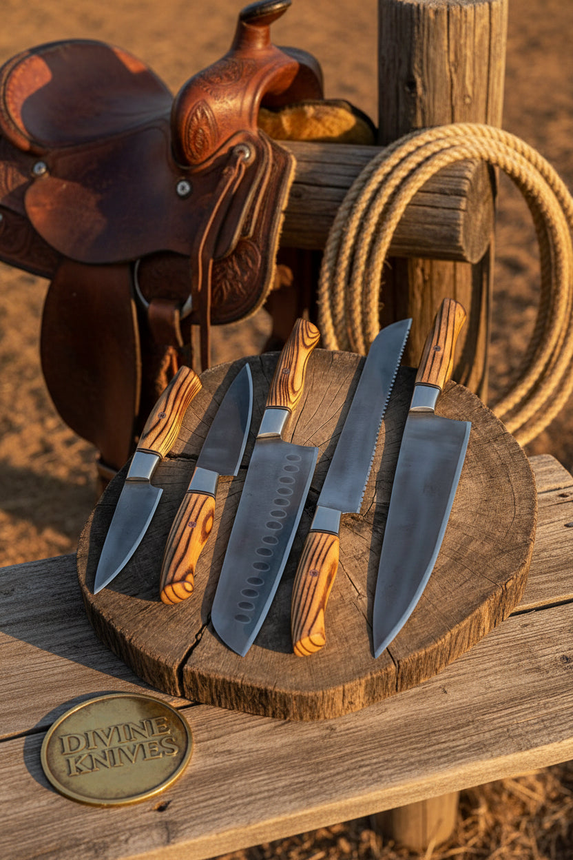 Pakka Wood Handle Chef & Santoku Knife Set – 5 Pieces