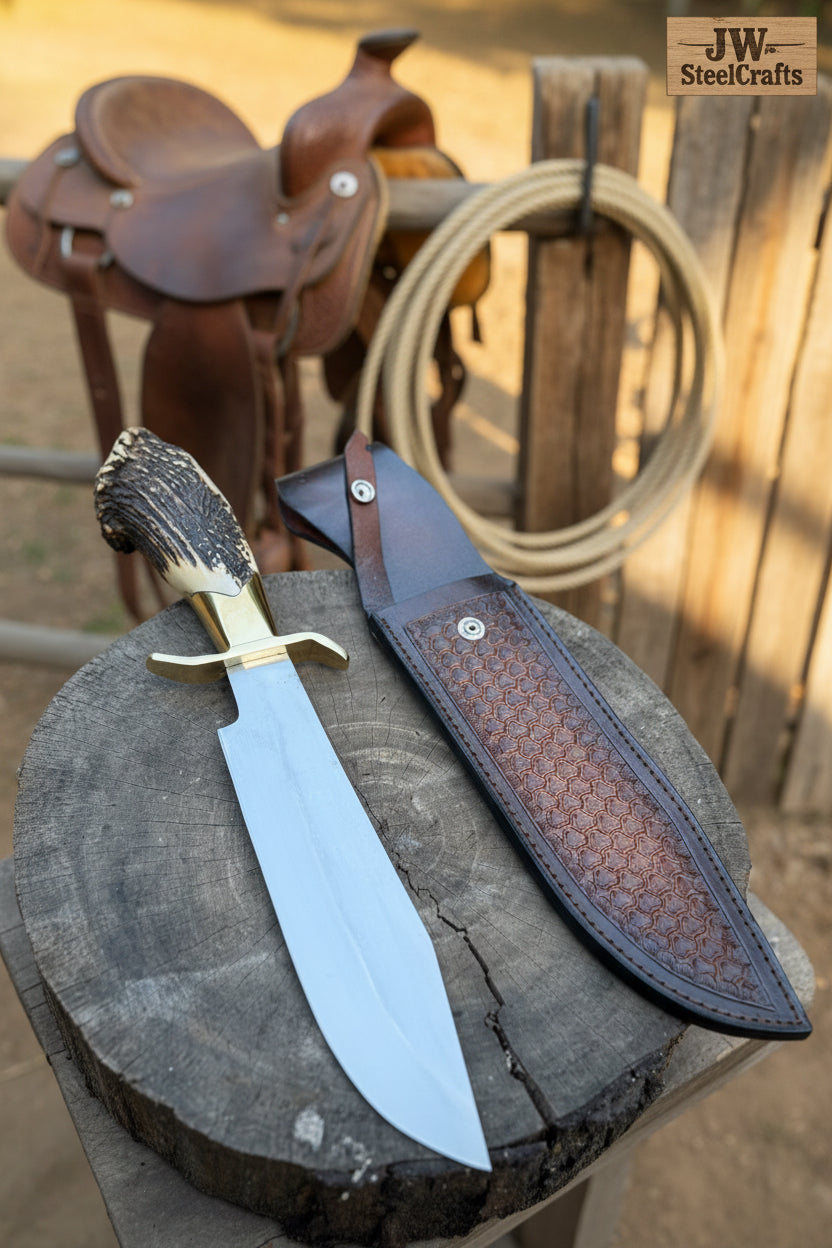 Handmade Carbon Steel Hunting Knife with Stag Horn Handle & Leather Sheath