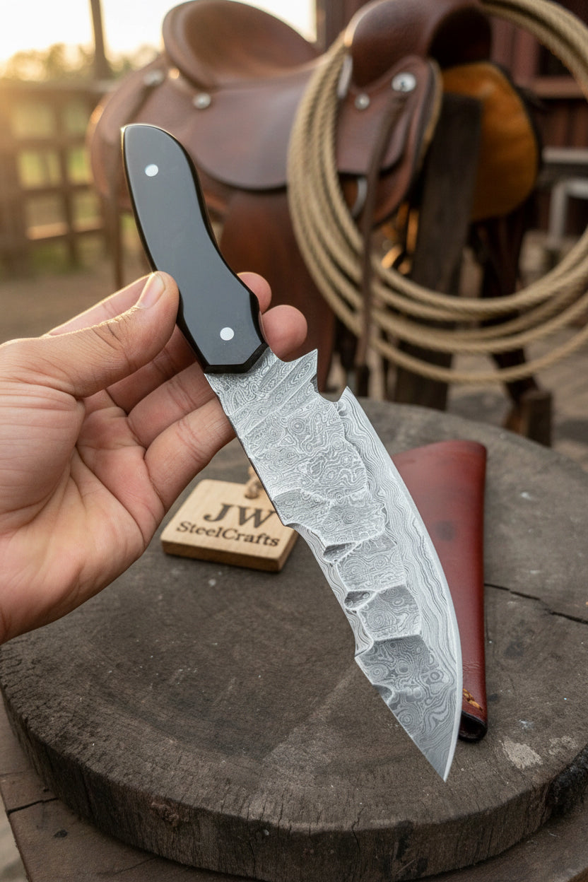 Damascus Field Knife 9” Blade Handmade Black Epoxy Resin Handle with Sheath