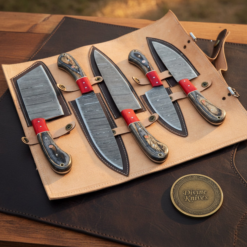 Gray Crimson Vortex Chef Knife Set with Damascus Blades