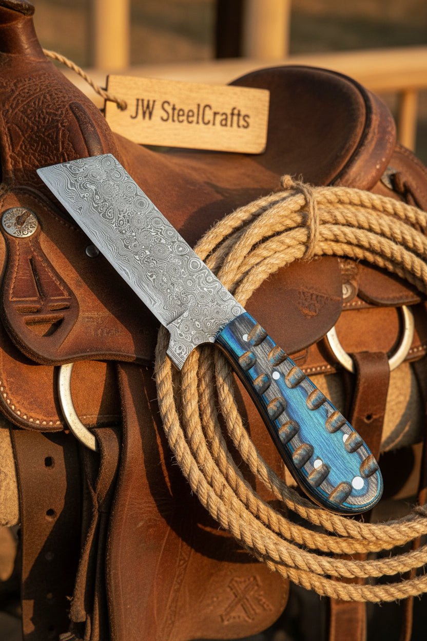 Western Bull Cutter 7” Knife – Damascus Ranch Blade with Blue Stabilized Handle & Sheath
