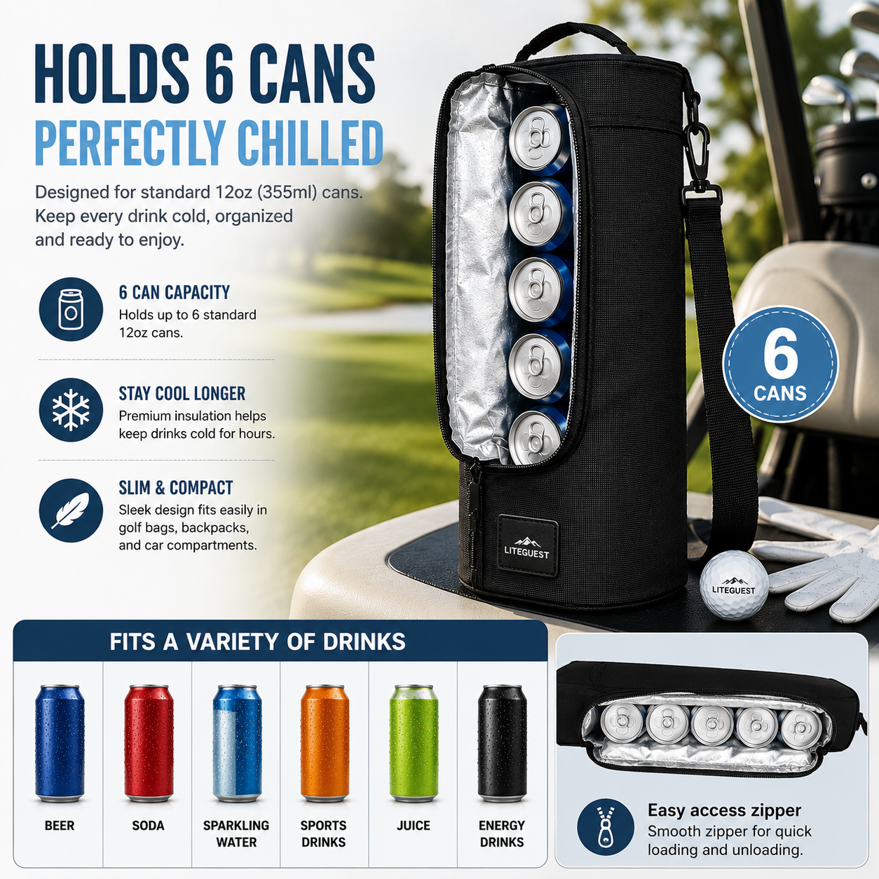 LITEGUEST 6 Can Cooler Bag – Portable Insulated Beverage Carrier