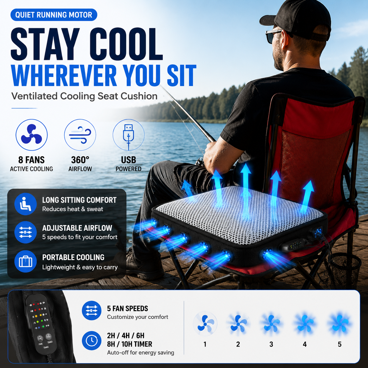 LITEGUEST Ventilated Cooling Seat Cushion | Outdoor USB Airflow Comfort