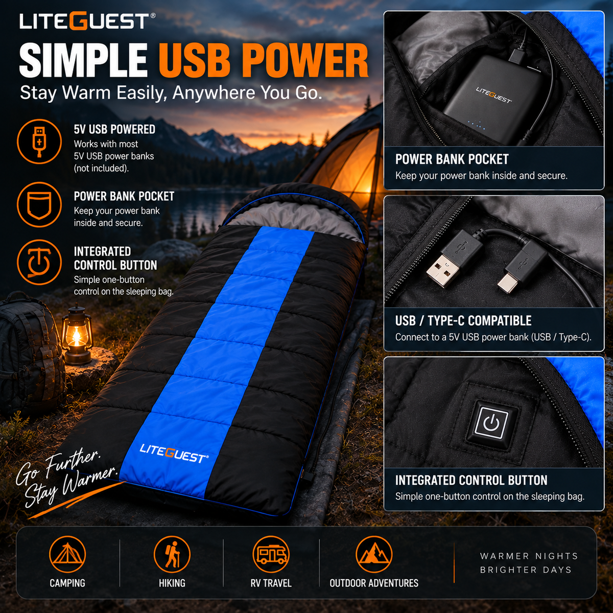 LITEGUEST USB Heated Single Sleeping Bag | Heated Camping Sleeping Bag
