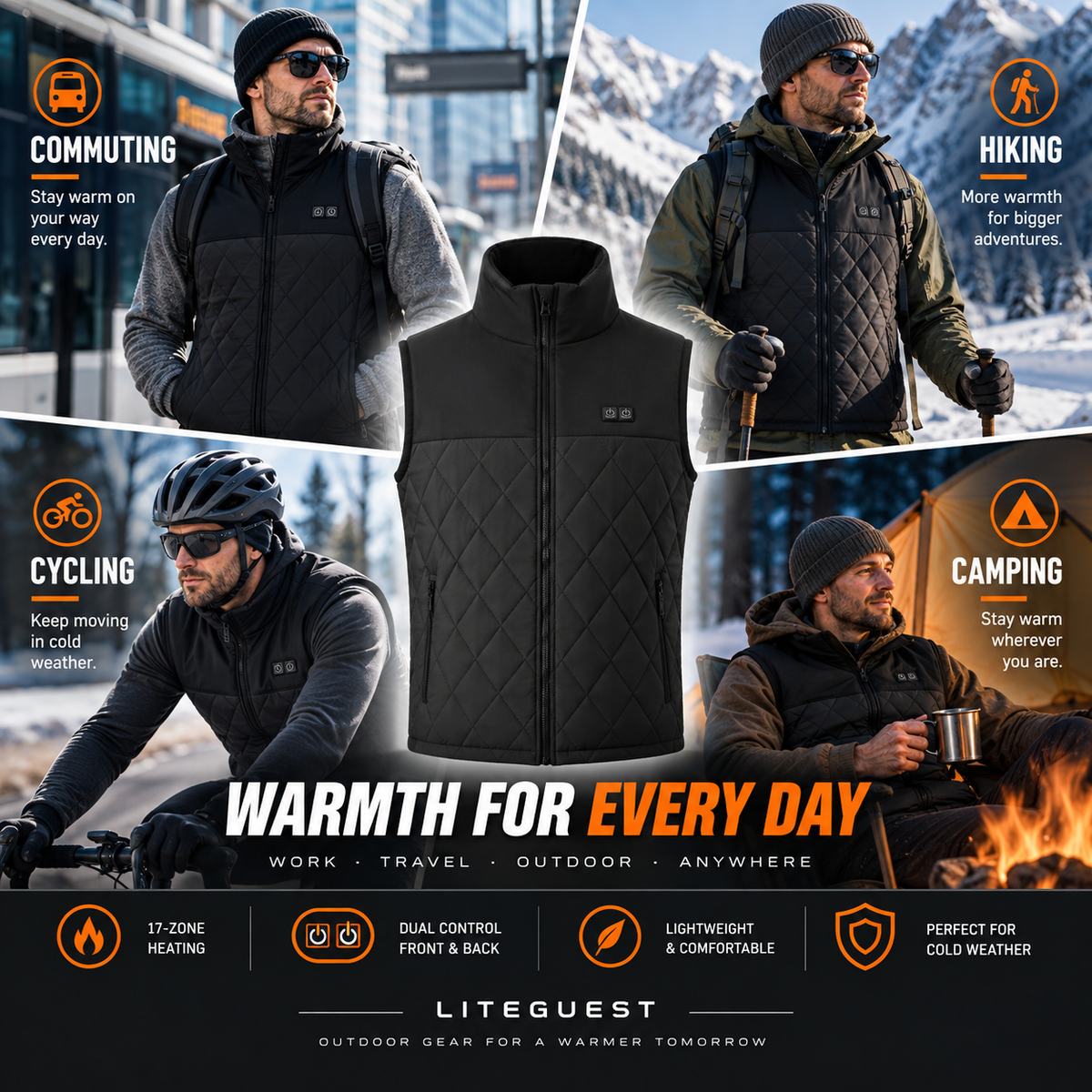 LITEGUEST 17-Zone Heated Vest | Dual Control USB Winter Warmth