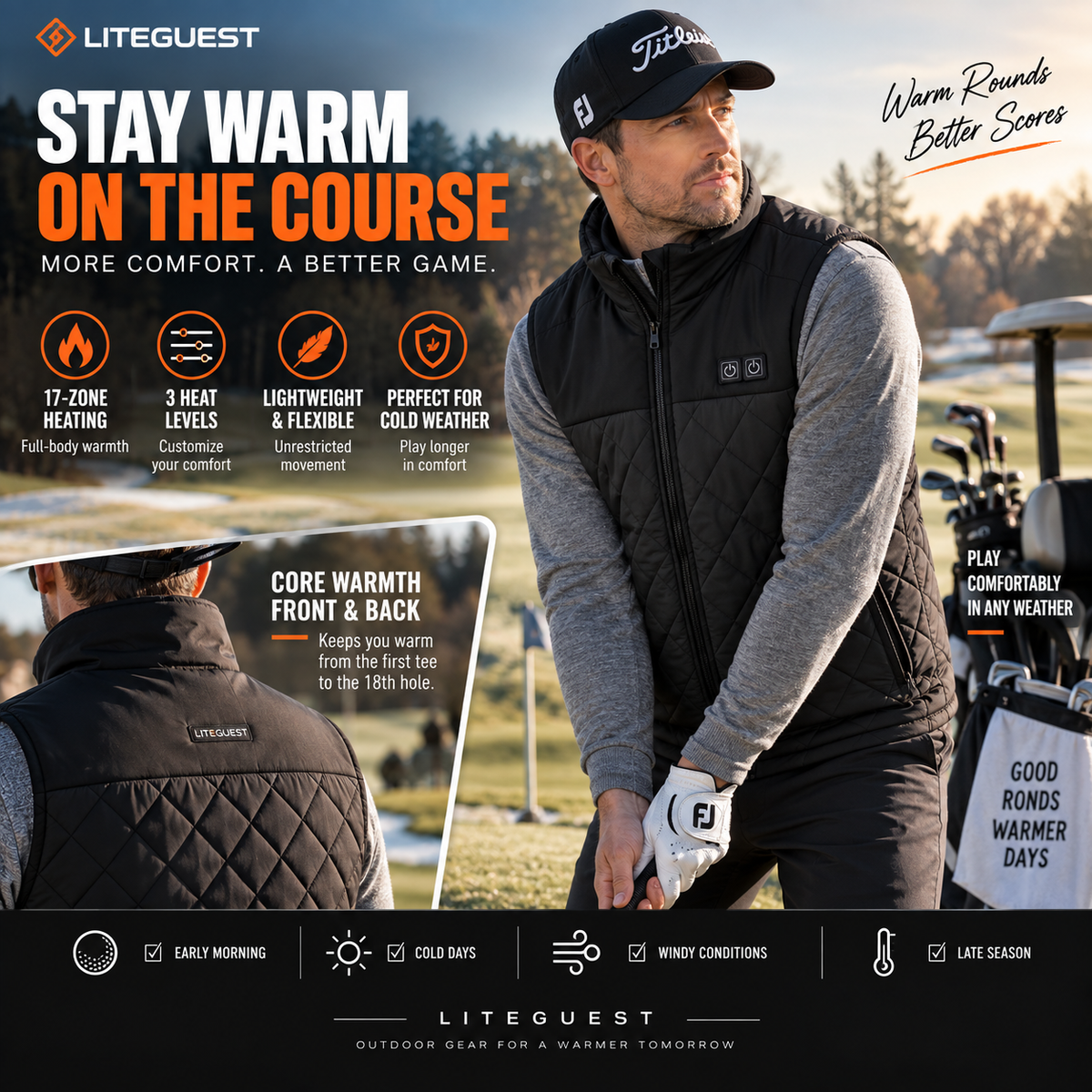 LITEGUEST 17-Zone Heated Vest | Dual Control USB Winter Warmth