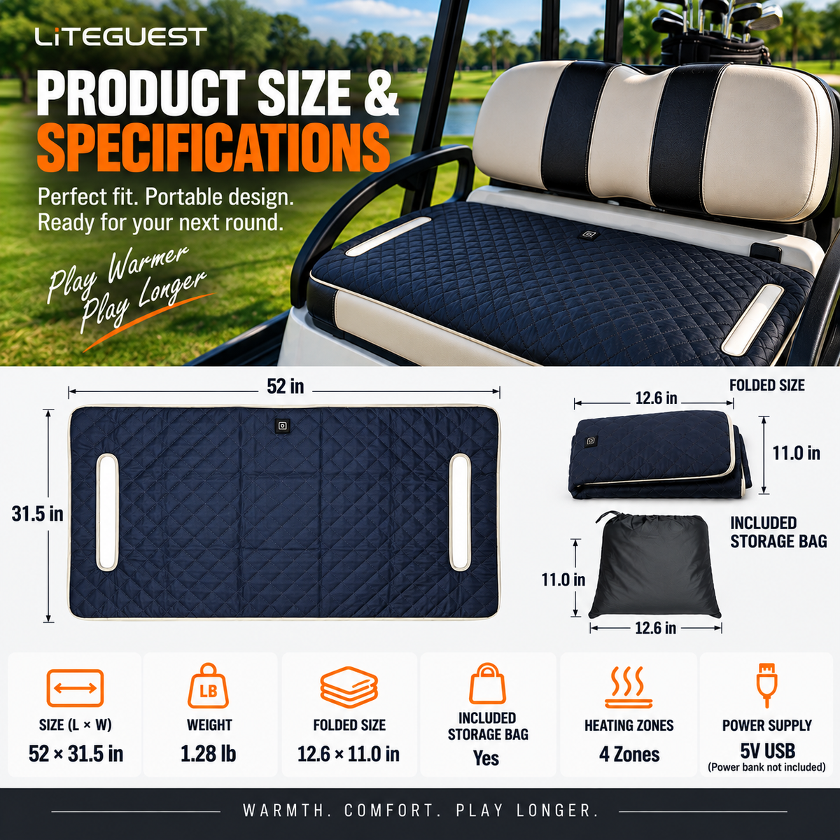 LITEGUEST Heated Golf Cart Seat Cushion | USB Heated Golf Seat Pad