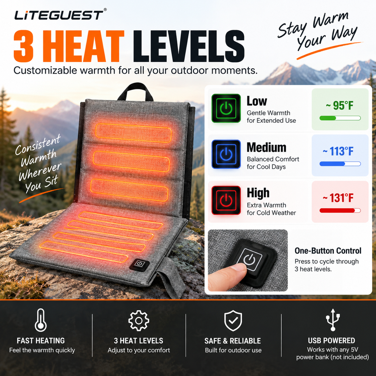 LITEGUEST Foldable Heated Seat Cushion | USB Waterproof Seat Pad