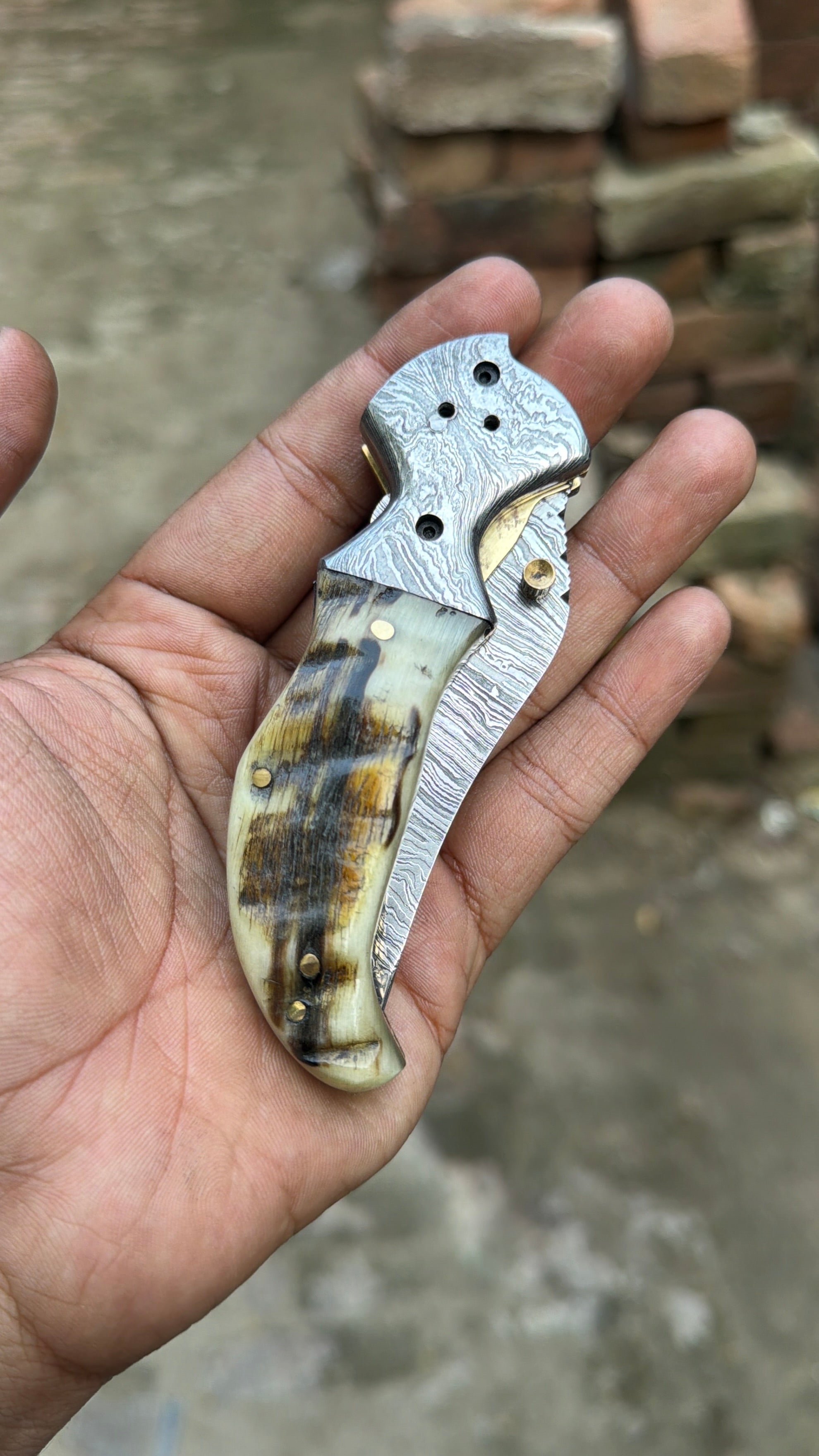 Pearlridge Damascus Folder 7" Handmade Mother of Pearl Lock Back