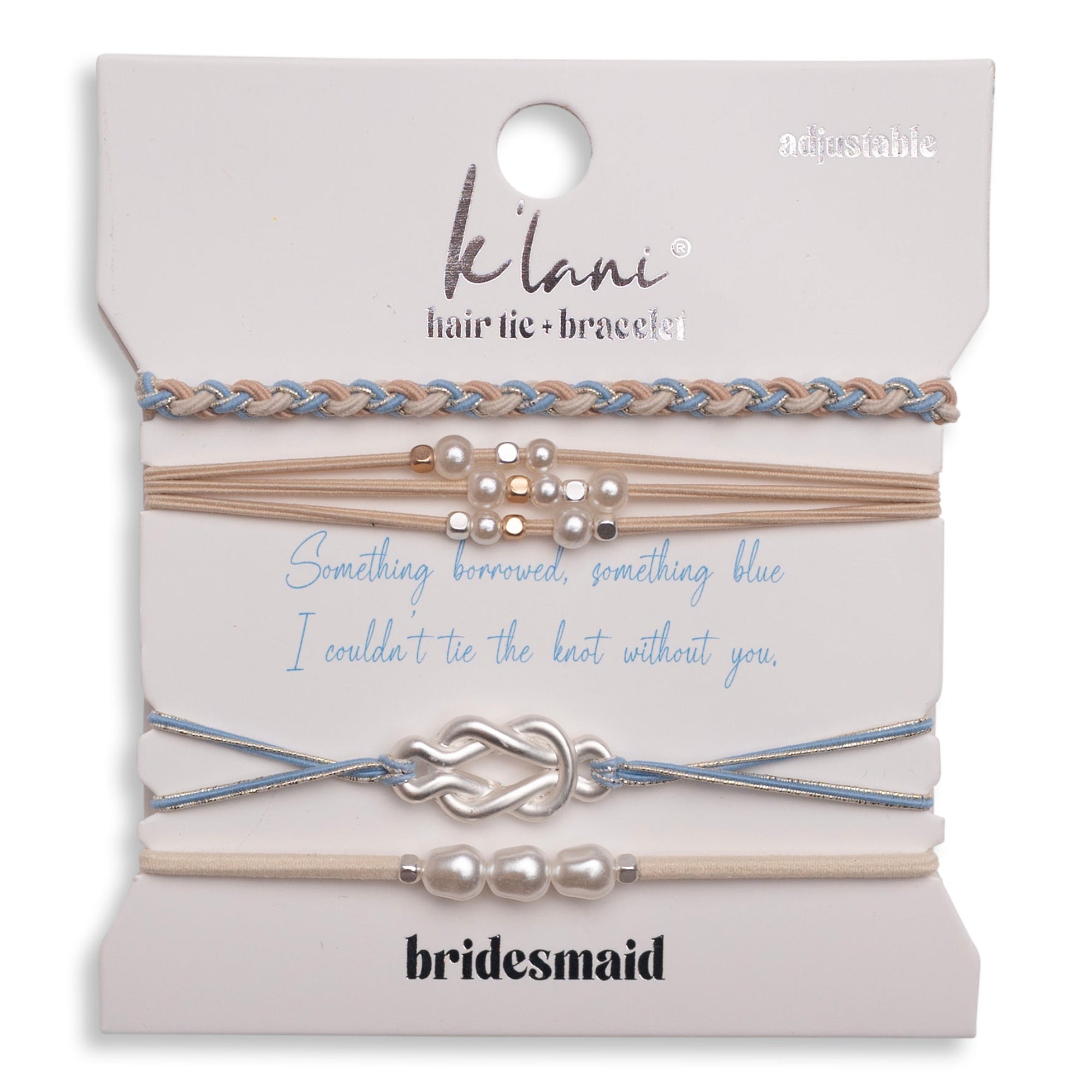 "Bridesmaid" Cream & Blue with Pearl Accent Adjustable Hair Tie Bracelets