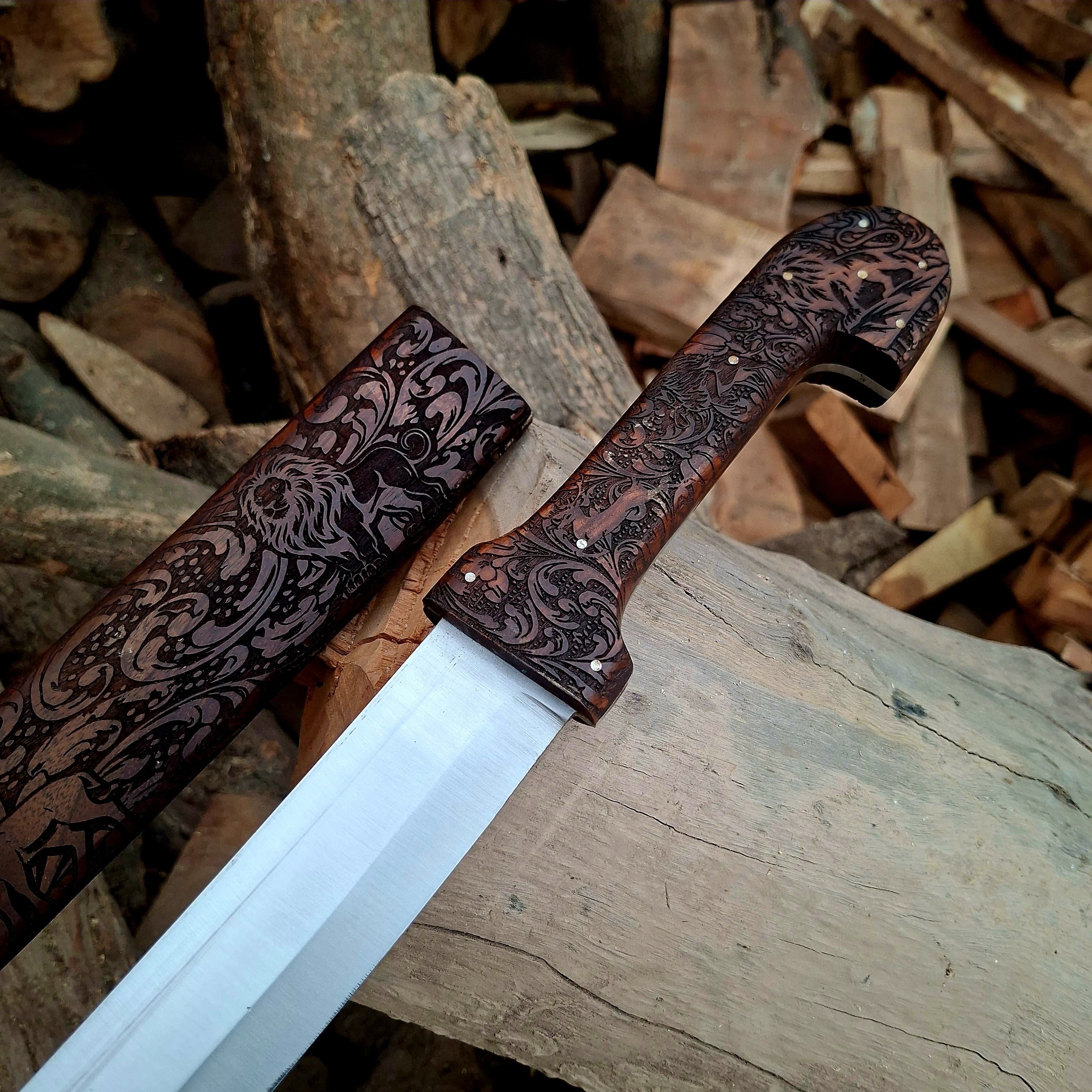 Bone Handle Damascus Knife with Handcrafted Tooled Sheath