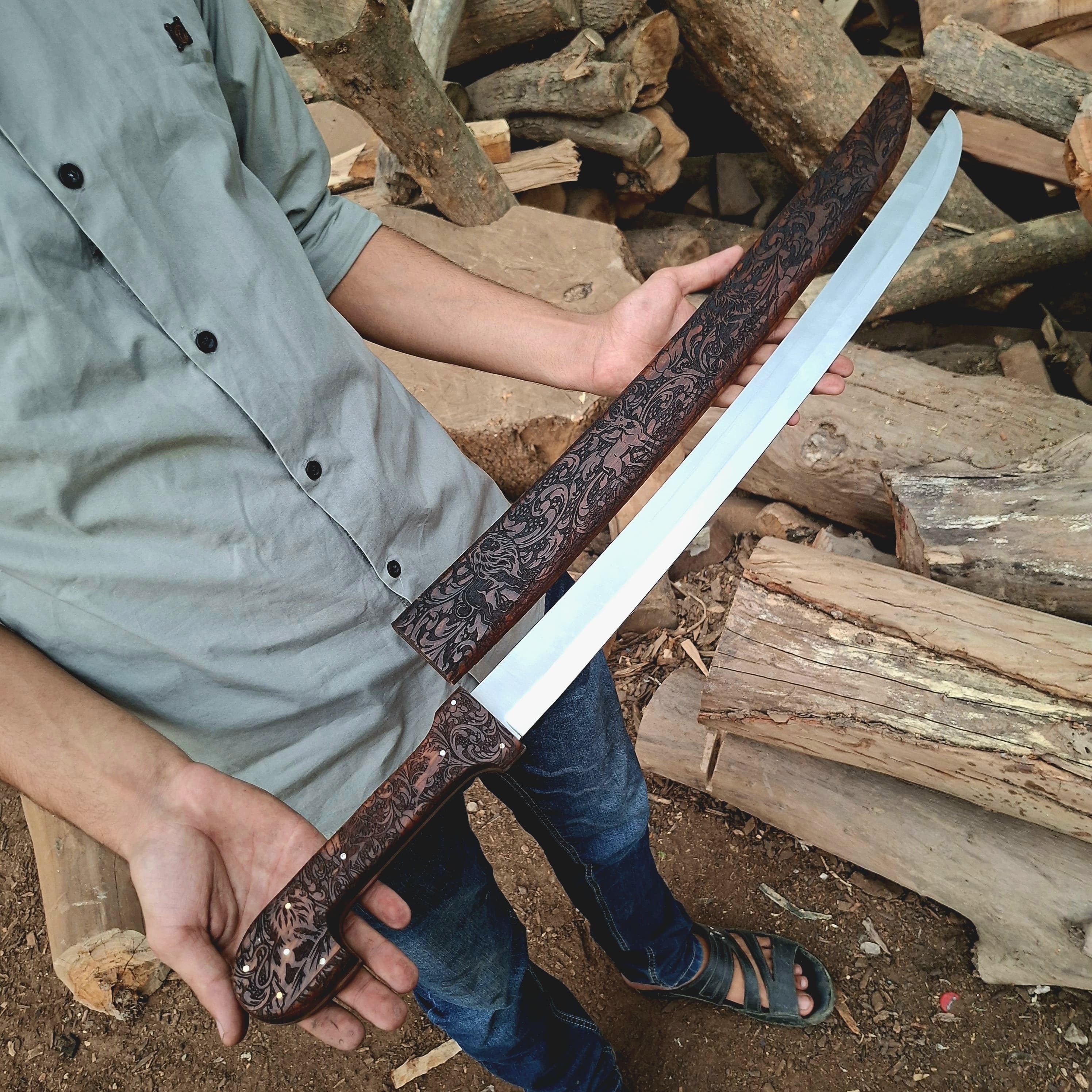Bone Handle Damascus Knife with Handcrafted Tooled Sheath