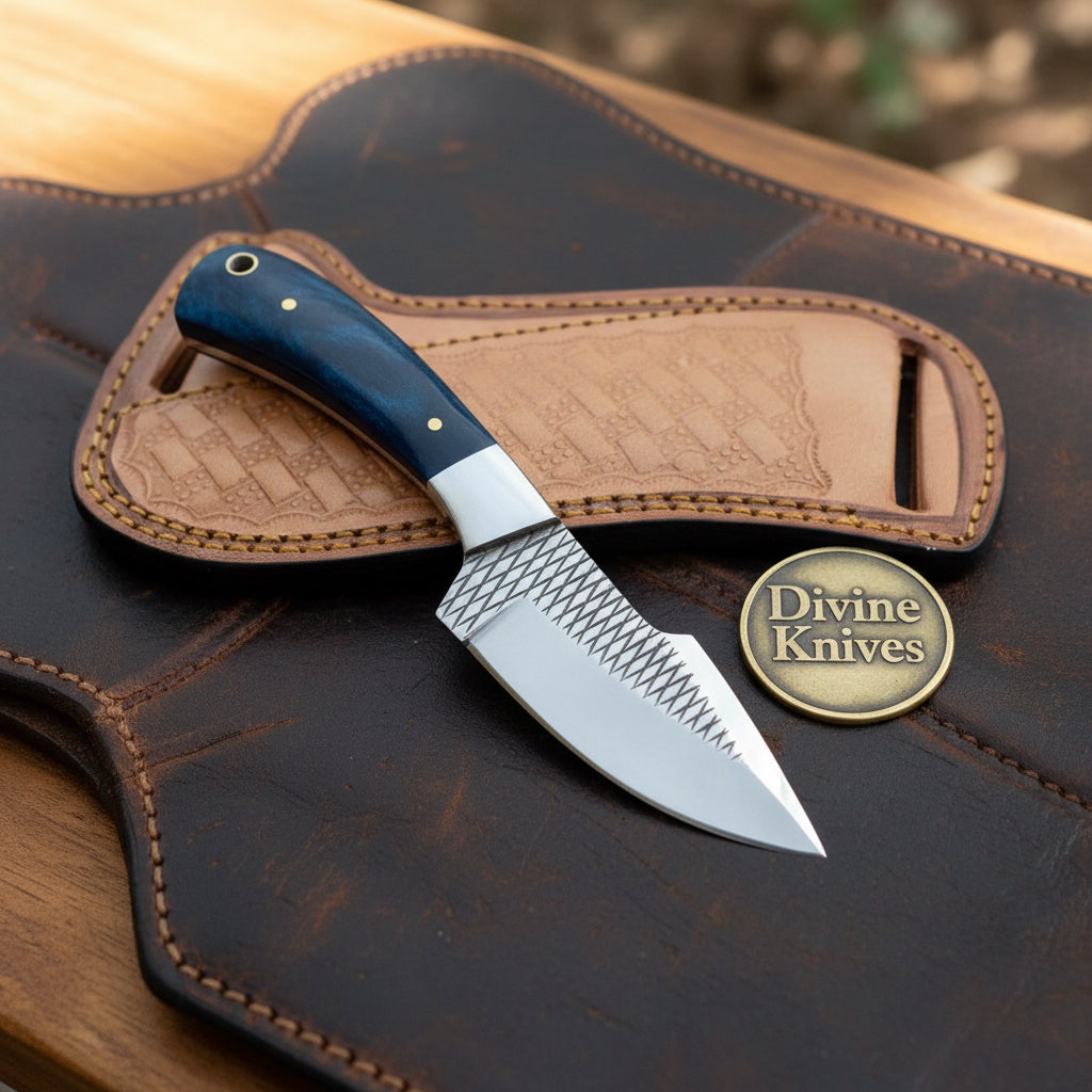 Rasp Blue Resin Skinner with Textured Blade and Leather Sheath