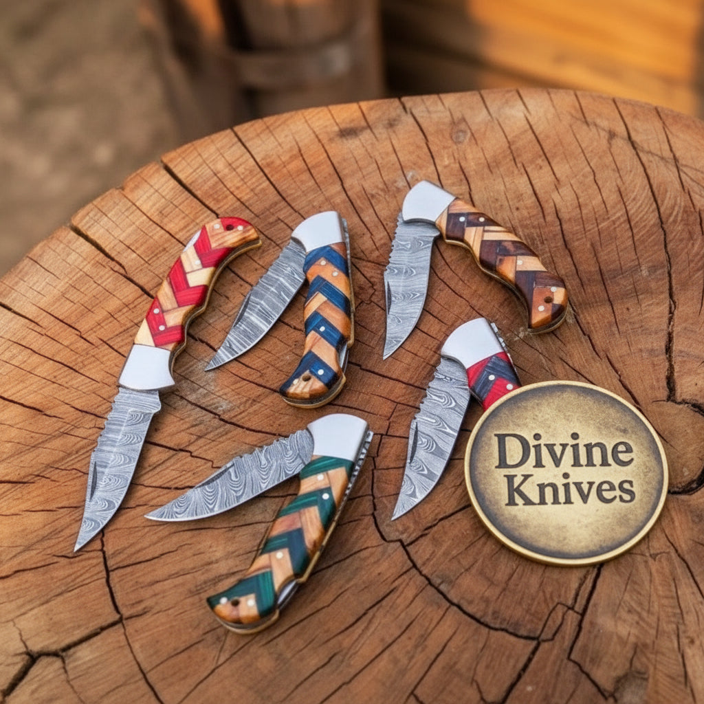 Damascus Chevron Wood Pocket Knife Set for Everyday Carry