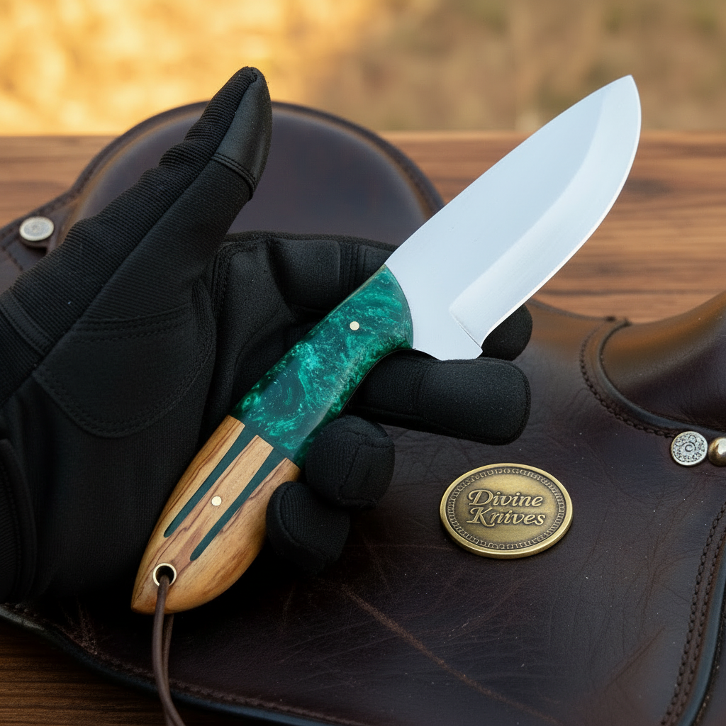 Satin Drop Point Hunter Knife with Green Resin Olive Wood for Hunting and Outdoor Tasks