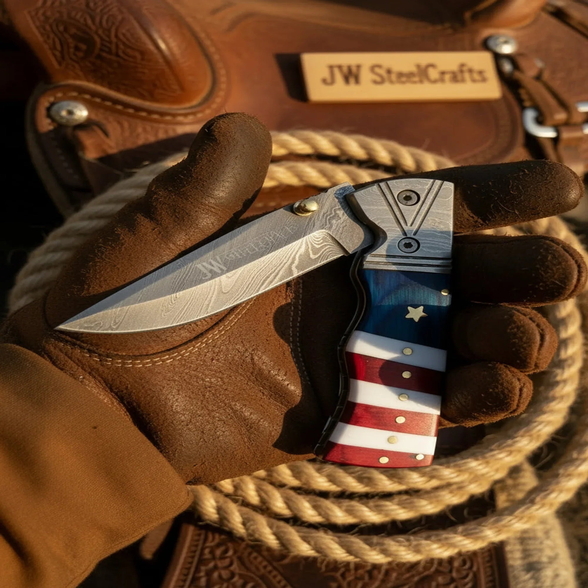Patriot Damascus Folding Knife with Leather Sheath