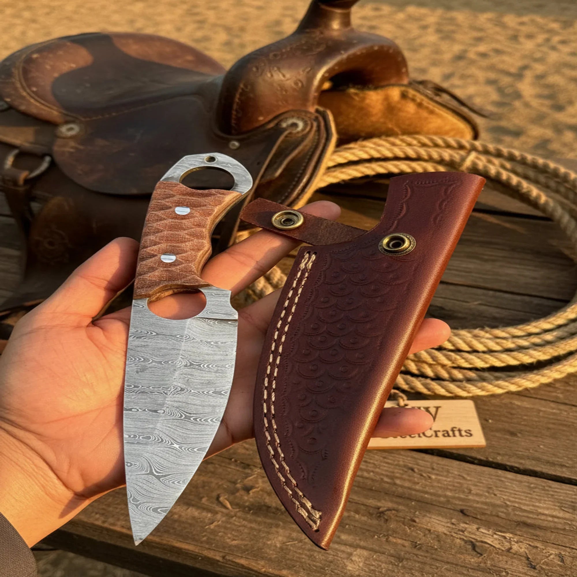 Damascus Hunting Skinner Knife Brown Micarta | Handle and Leather Sheath