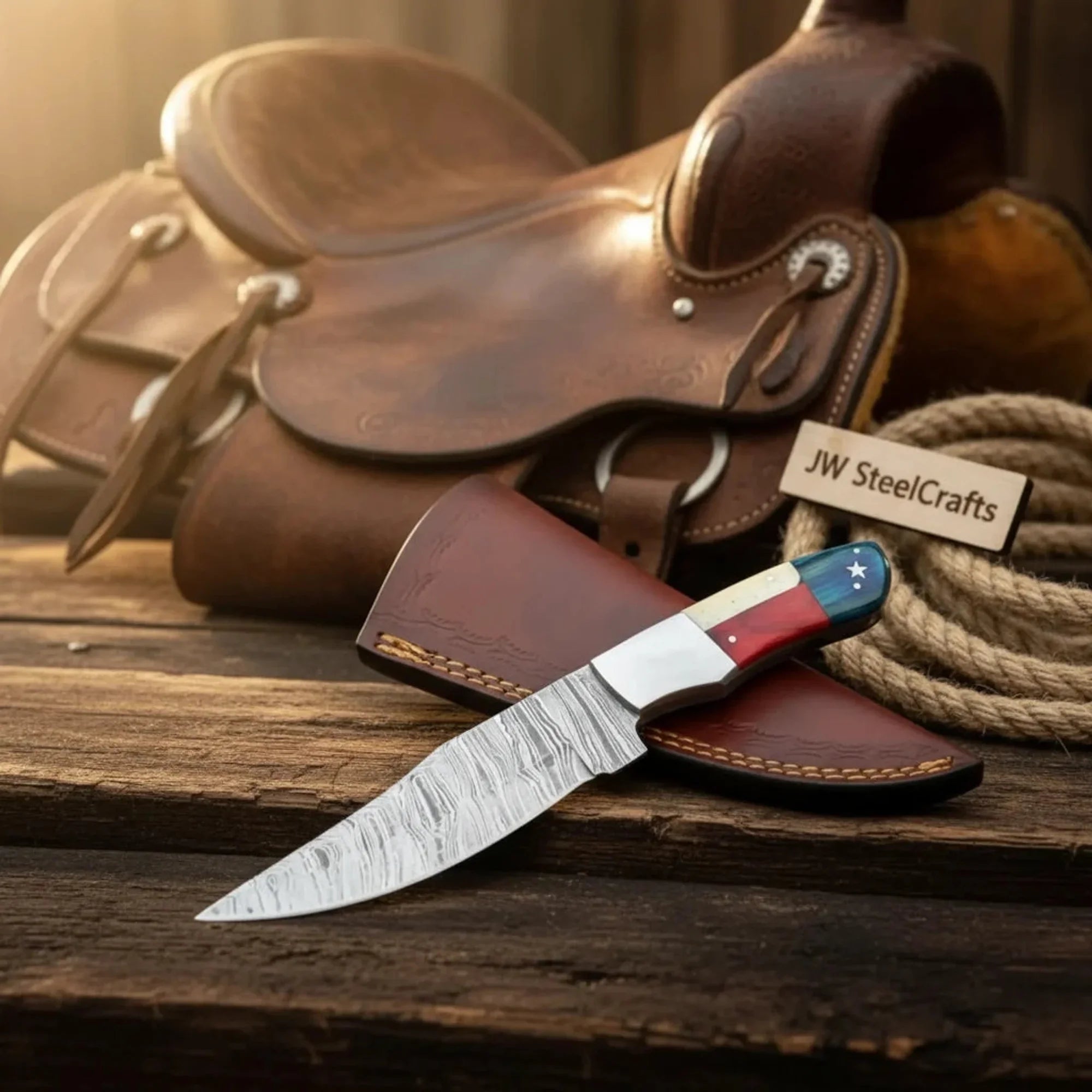 Damascus Camping Knife Fixed Blade USA Flag Resin Handle Outdoor Utility Knife with Sheath