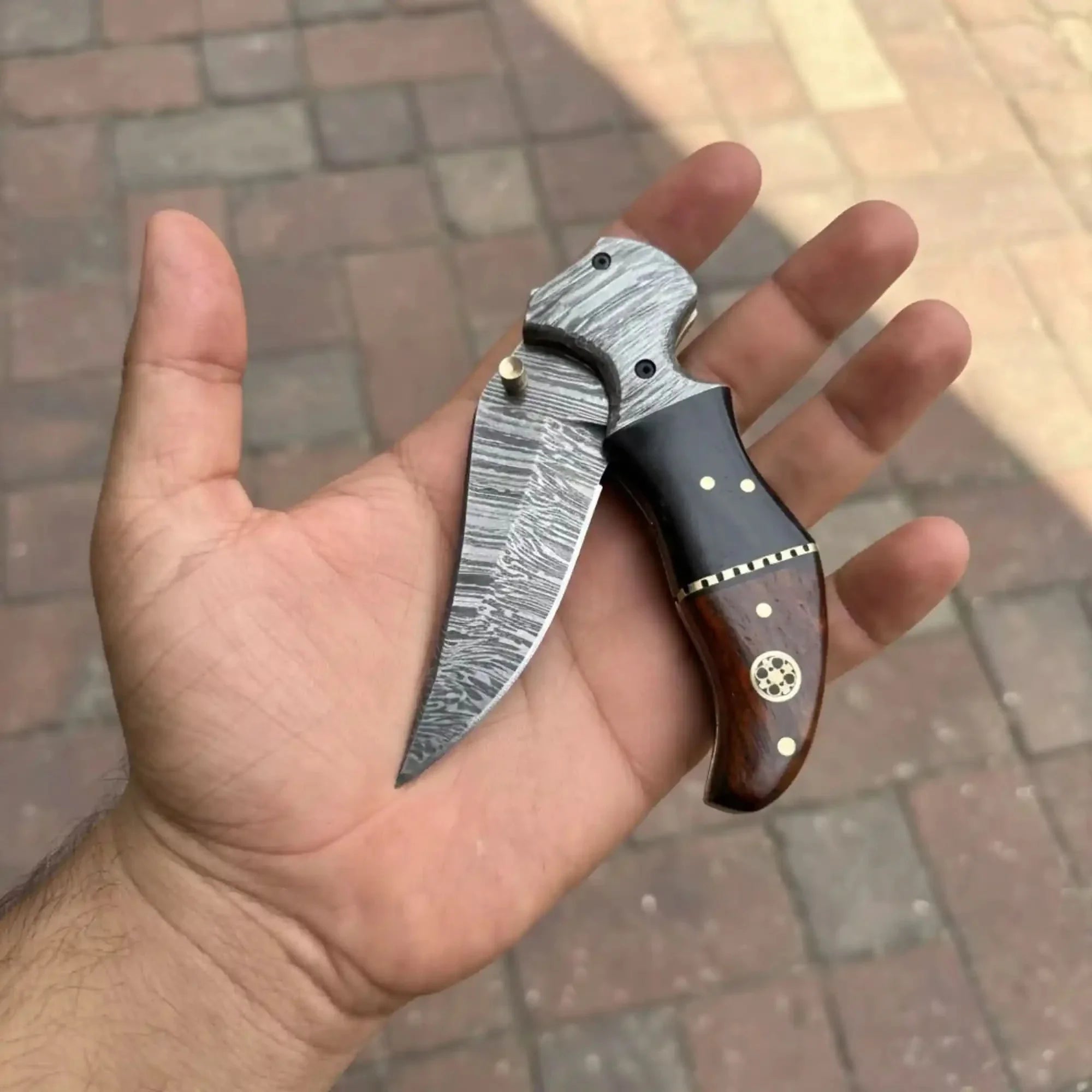 2-Piece Damascus Hawkbill Folding Pocket Knives — Liner Lock, Rosewood Black & Cream Resin Handles, Brass Bolsters