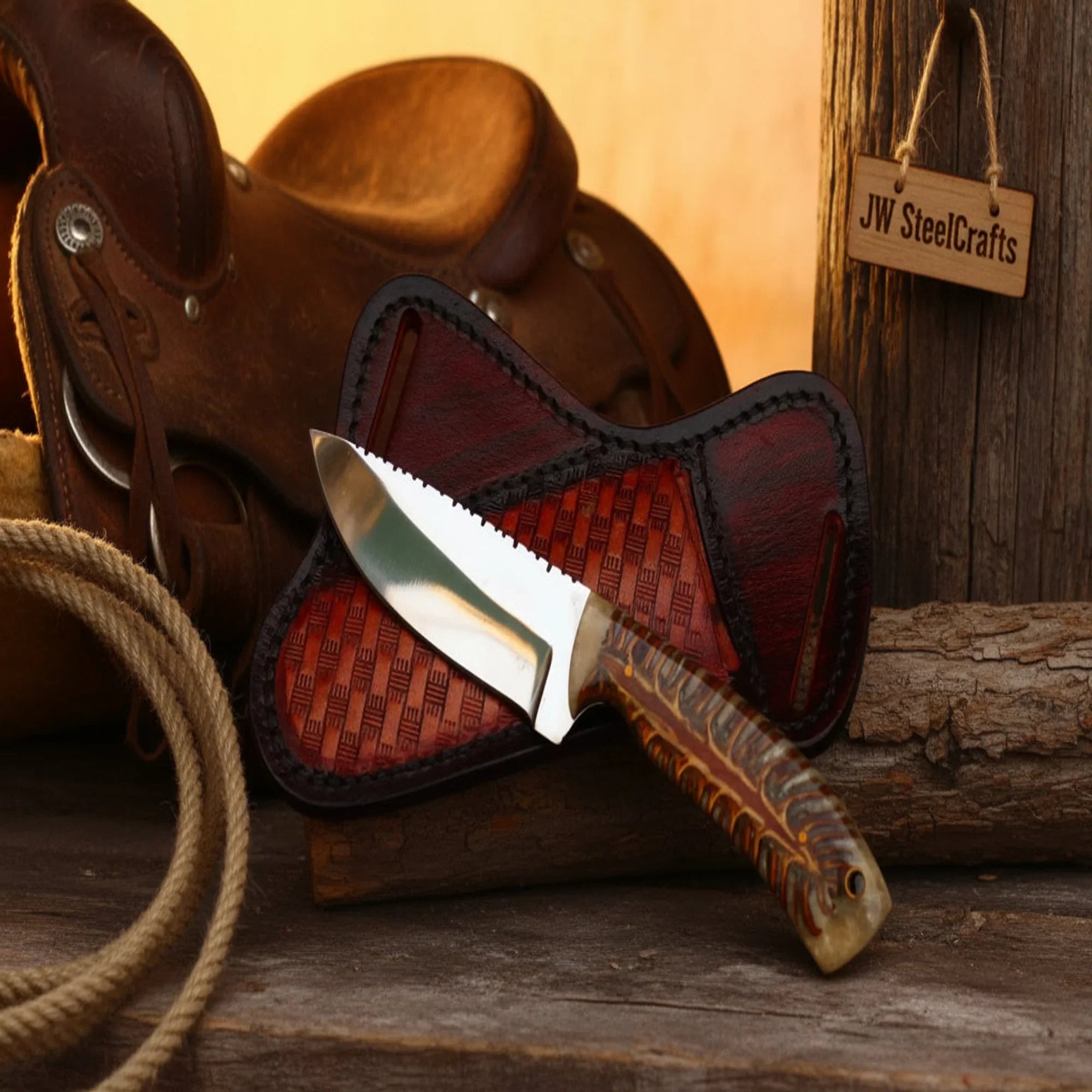 Ridgeline Stag Skinner Knife 8" Handmade Damascus Steel with Brass Bolster