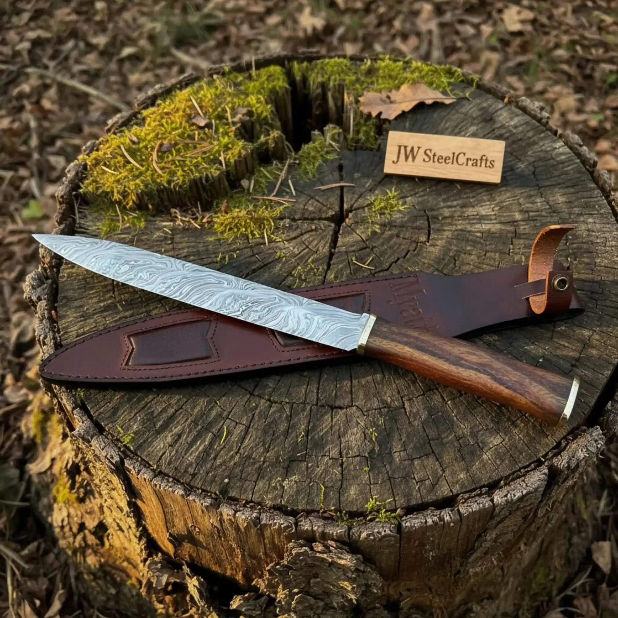 15-Inch Damascus Seax Knife — 10-Inch Wave Pattern Blade, Rosewood Handle, Brass Bolster, Brass Pommel & Leather Sheath