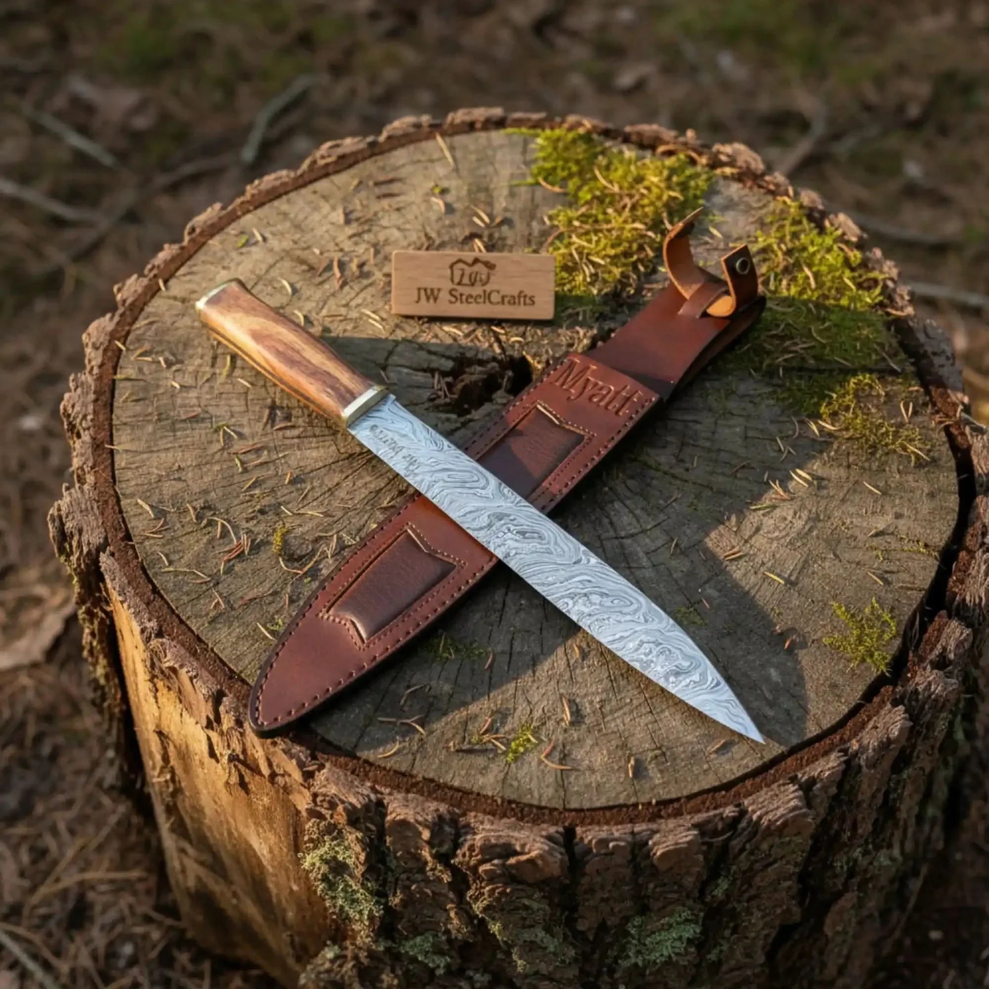 15-Inch Damascus Seax Knife — 10-Inch Wave Pattern Blade, Rosewood Handle, Brass Bolster, Brass Pommel & Leather Sheath