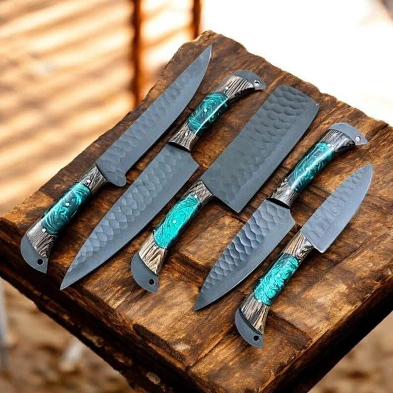 5-Piece Teal Resin Handle Chef Knife Set with Hammered Blade Finish for Everyday Cooking