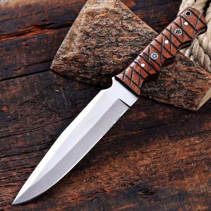 Cross-Hatch Wood Handle Tanto Knife with Inlay Accents for Everyday Outdoor Use