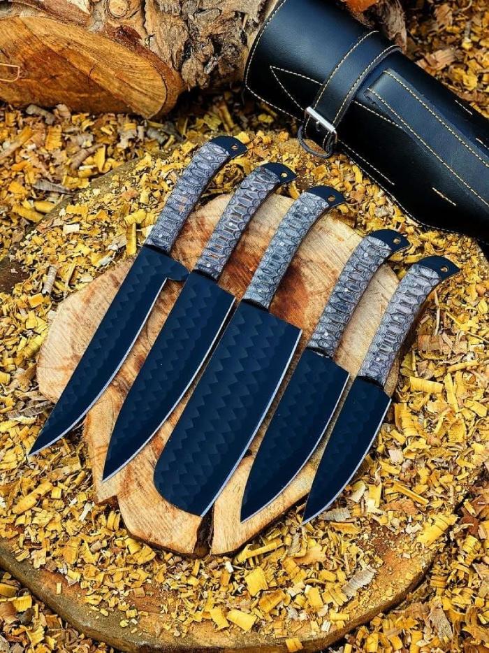 5-Piece Chevron Textured Black Blade Knife Set with Snakeskin Handles and Leather Roll Case