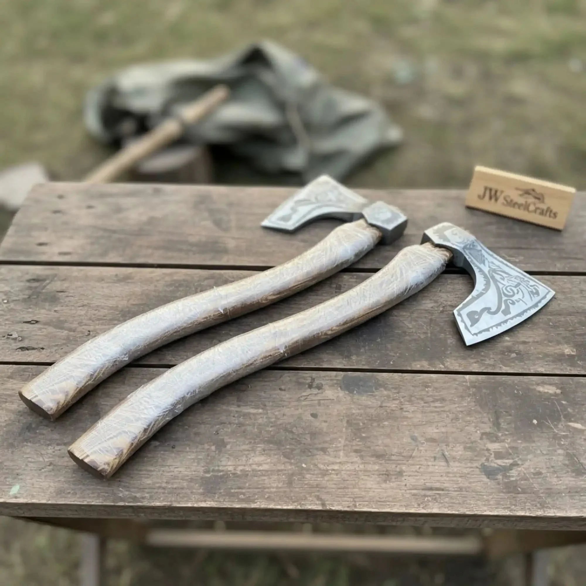 Norse Bearded Axe Pair — Viking Style Handmade Wood Cutting Tools, Damascus Heads, 6-8 Inch Edge & 18-20 Inch Ash Wood Handles