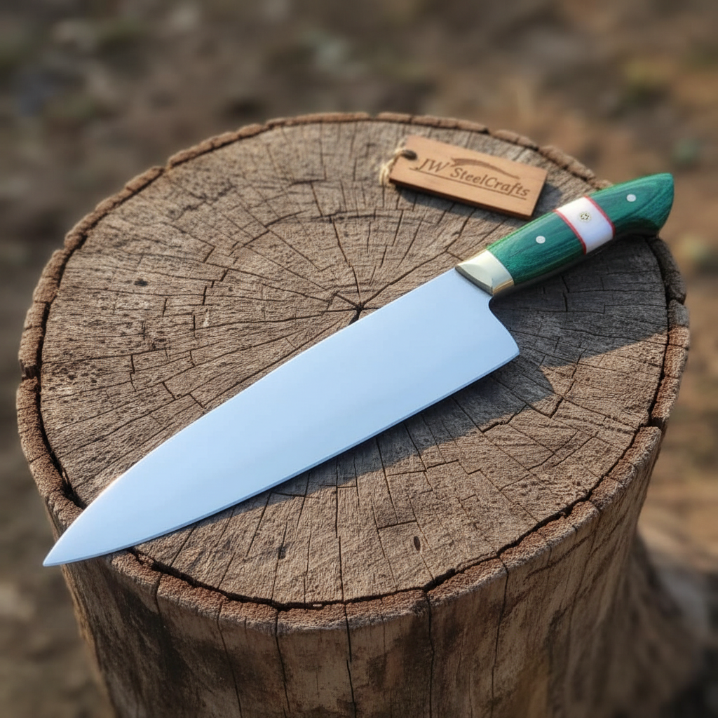 Carbon Steel Chef Knife 8” blade Green Handle Sharp Kitchen Knife